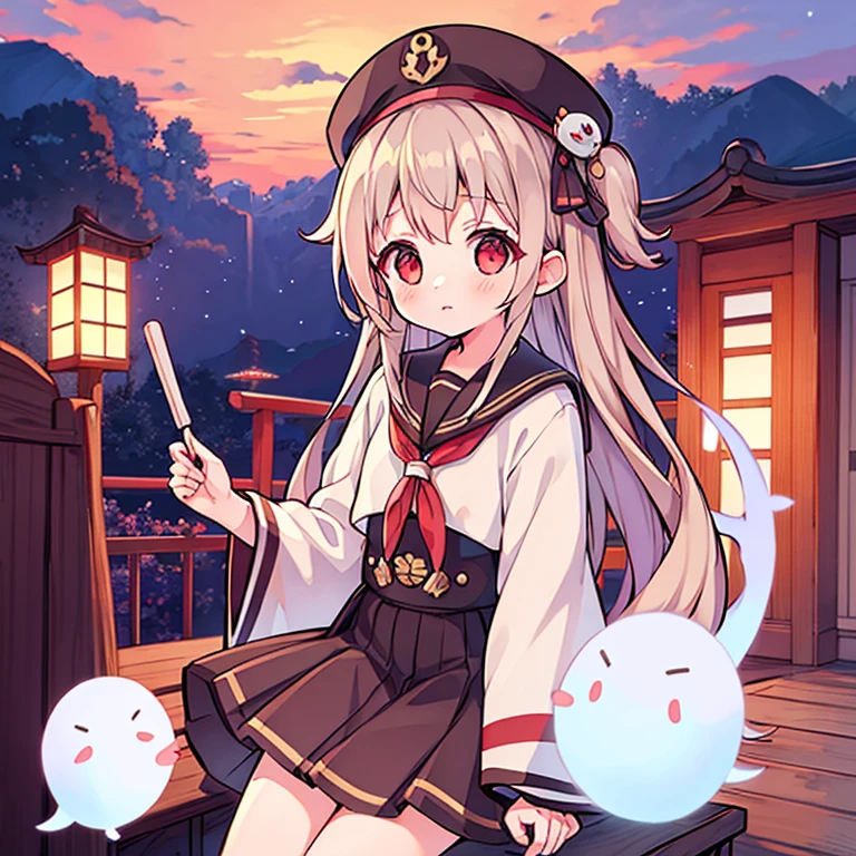 girl, light Brown hair, red eyes, wearing a ship's crew hat, Japanese school uniform, long hair, she a ghost