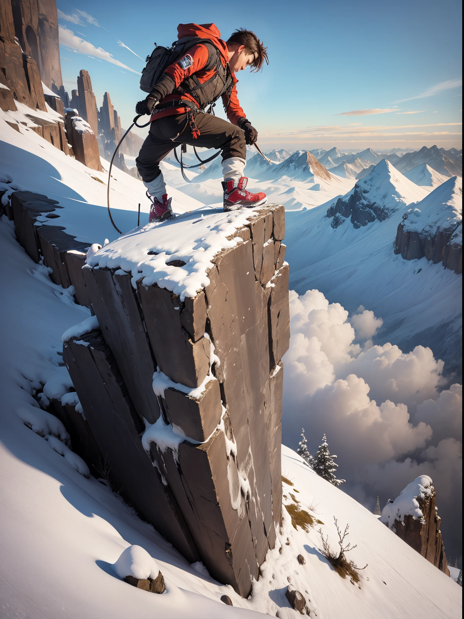 give me a picture:Young man climbing steep snowy mountain,Realisticstyle,9:Size of 16 --auto --s2