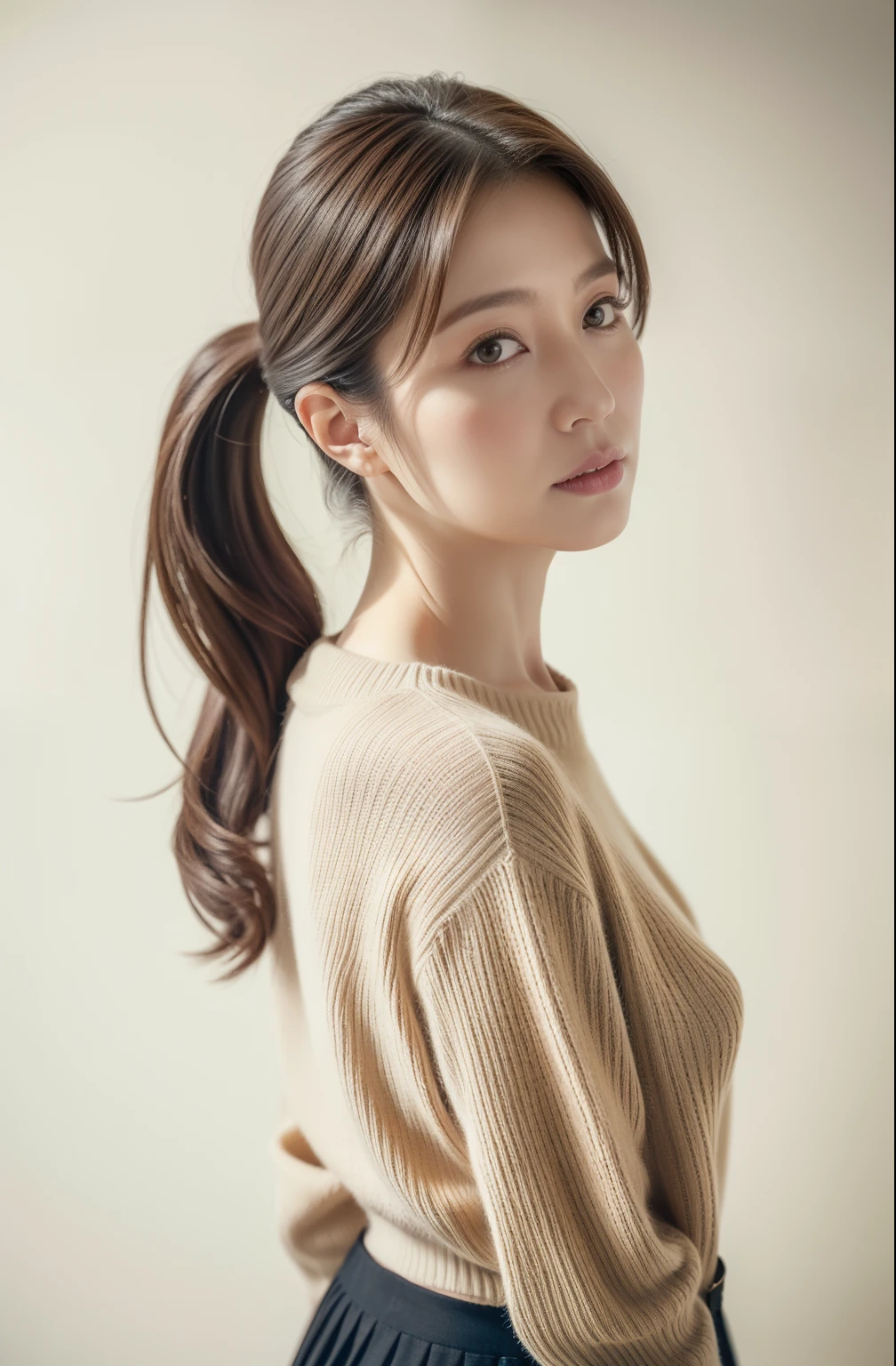 masuter piece, top-quality, ​masterpiece, hight resolution, Photorealsitic, Raw photography, 8k wallpaper, flawless, profetional lighting, ighly detailed, depth of fields,Pale solid color background, ((One beautiful woman)), ((90 years old)), Female sexy, Detailed face, beautidful eyes, bangss, small breasts of good shape, Ponytail hair, Faint lips, ((stand facing forward、gazing at viewer, serious face eyes)),Sweaters, skirt by the, cowboy  shot