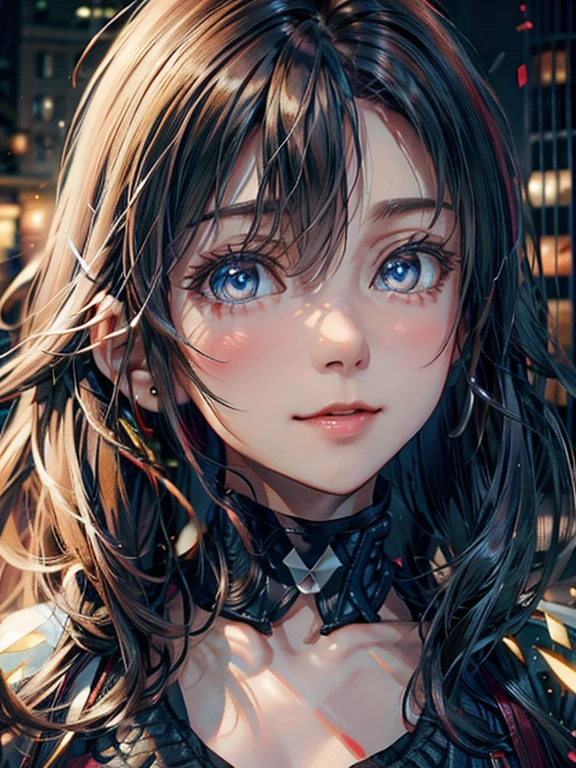 Best Quality、Raw photo、profetional lighting、Top image quality、masterpiece、Live-action depiction、best quality background、background professional lighting、Russian、There is genuine village frame、a blond、the eyes are blue、Smiling a little、Hairstyle Long、Black sweater、Background in the city、