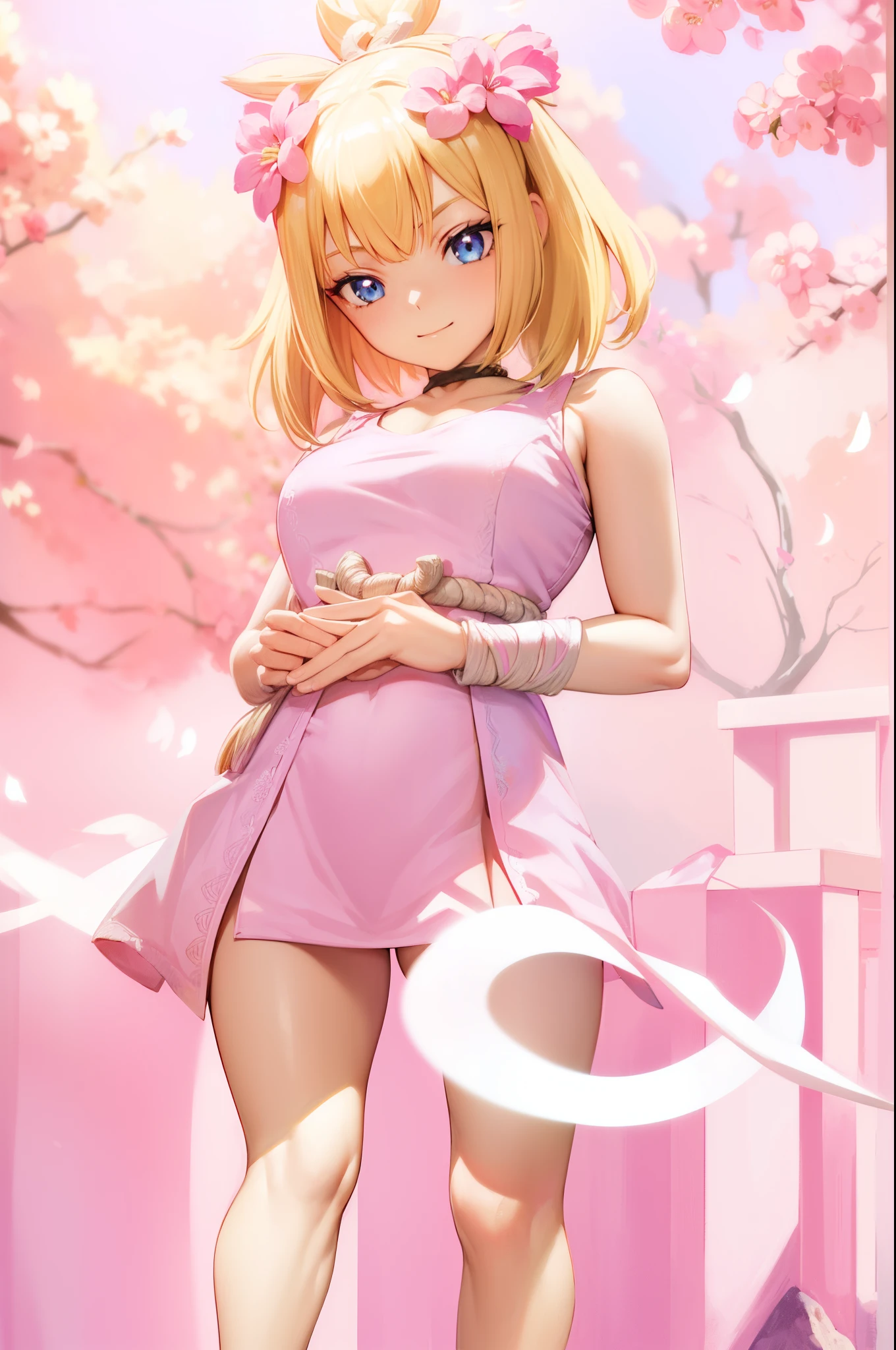 kohaku, kohaku, Blonde hair, Blue eyes, Hair Ornament, Ponytail, (1girll:1.3), (Pink:1.3), Pink flower hair ornament, (Cowboy Shot), skyporn, (masutepiece:1.2), Best Quality, High resolution, Unity 8k壁纸, (Illustration:0.8), (Beautiful detailed eyes:1.4), extra detailed face, Perfect Lighting, extremely details CG, (Perfect hands, Perfect Anatomy), Smile innocently, (Model Posing:1.3), BAR background