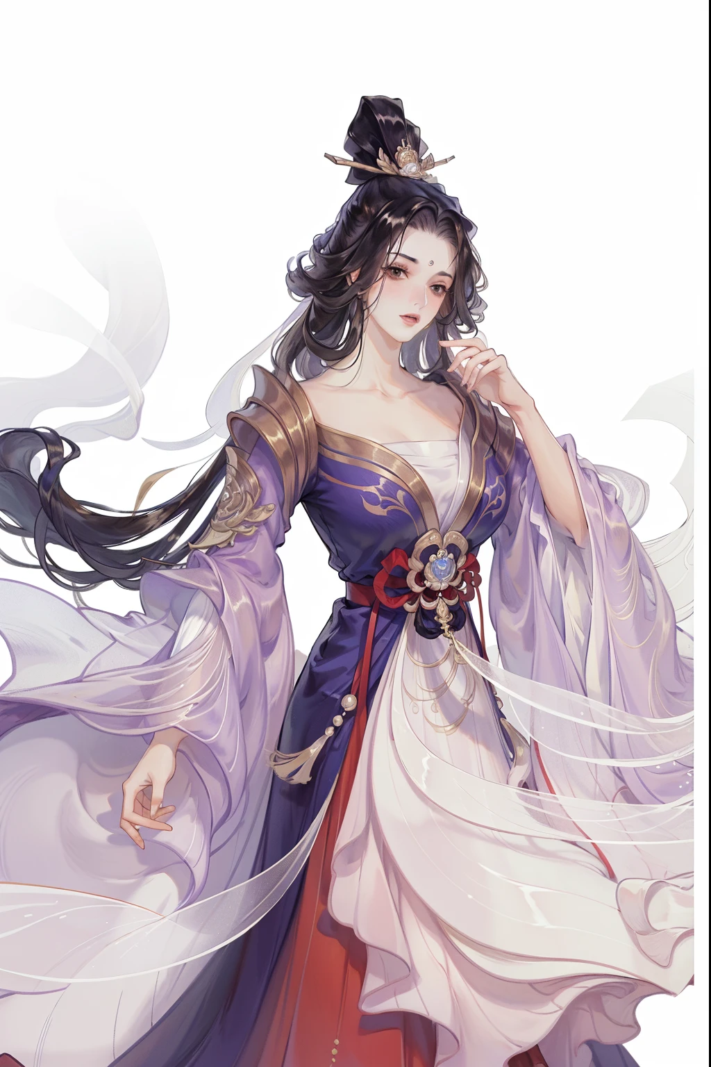 (((tmasterpiece, Best quality, 超高分辨率, CG unified 8K wallpaper, Best quality at best, ultra - detailed, ultra HD picture quality))), 1 girl, cabelos preto e longos, game fairy, Red and black clothes, Hanfu, yarn, flowing gauze, jewely, ((Colorful)), Nice face, beautidful eyes, Beautiful hairstyle, Beautiful costumes, Structurally sound