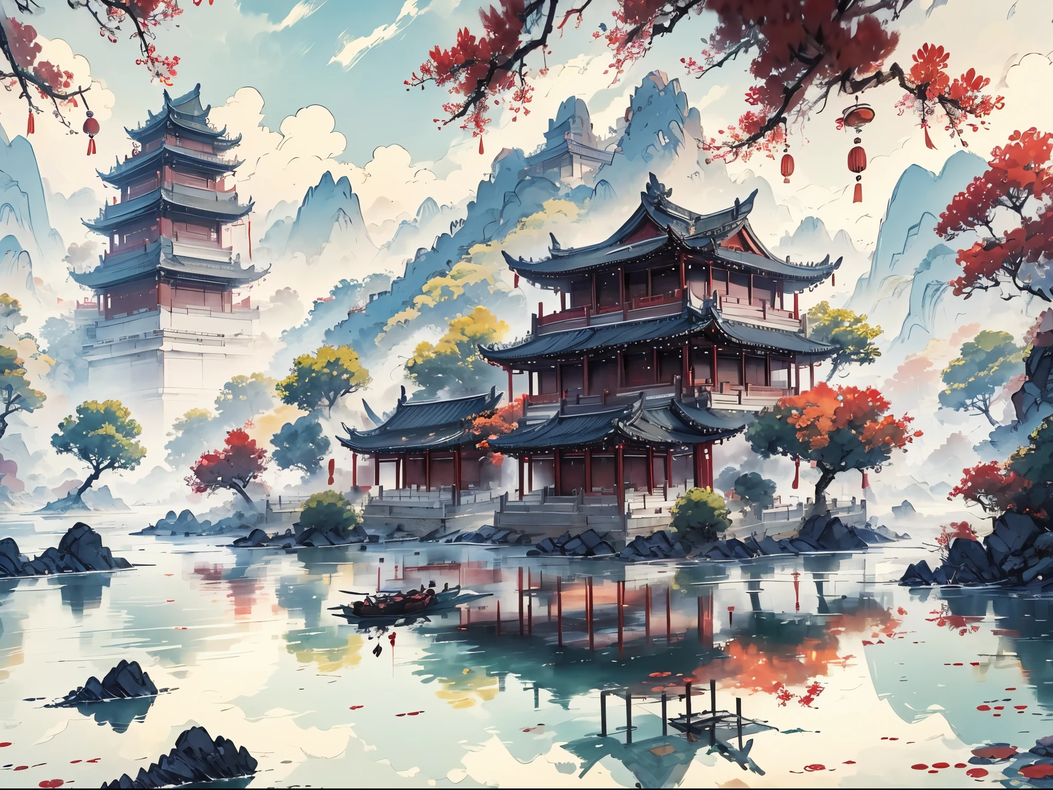 Depth of field effect: DEEP (1.4) Towers, Buildings Pavilions, Miscellaneous Trees, Clouds, Green Trees, Maple Trees, Red Trees, Small Rocks, Little Birds (Towers, Buildings, Pavilions, Miscellaneous Trees, Clouds, Green Trees, Maple Trees, Red Trees, Small Rocks, Little Birds) Chinese watercolor style (Chinese painting style) Chinese Landscape Painting Traditional Chinese Watercolor Painting (Chinese Ink Painting: 1.8) Watercolor 8K (Reflection: 1.2) Faded background, Light and Shadow Effect Masterpiece Epic work Ultra High Definition High Quality Very detailed Consistent 8K Wallpaper Super Details.