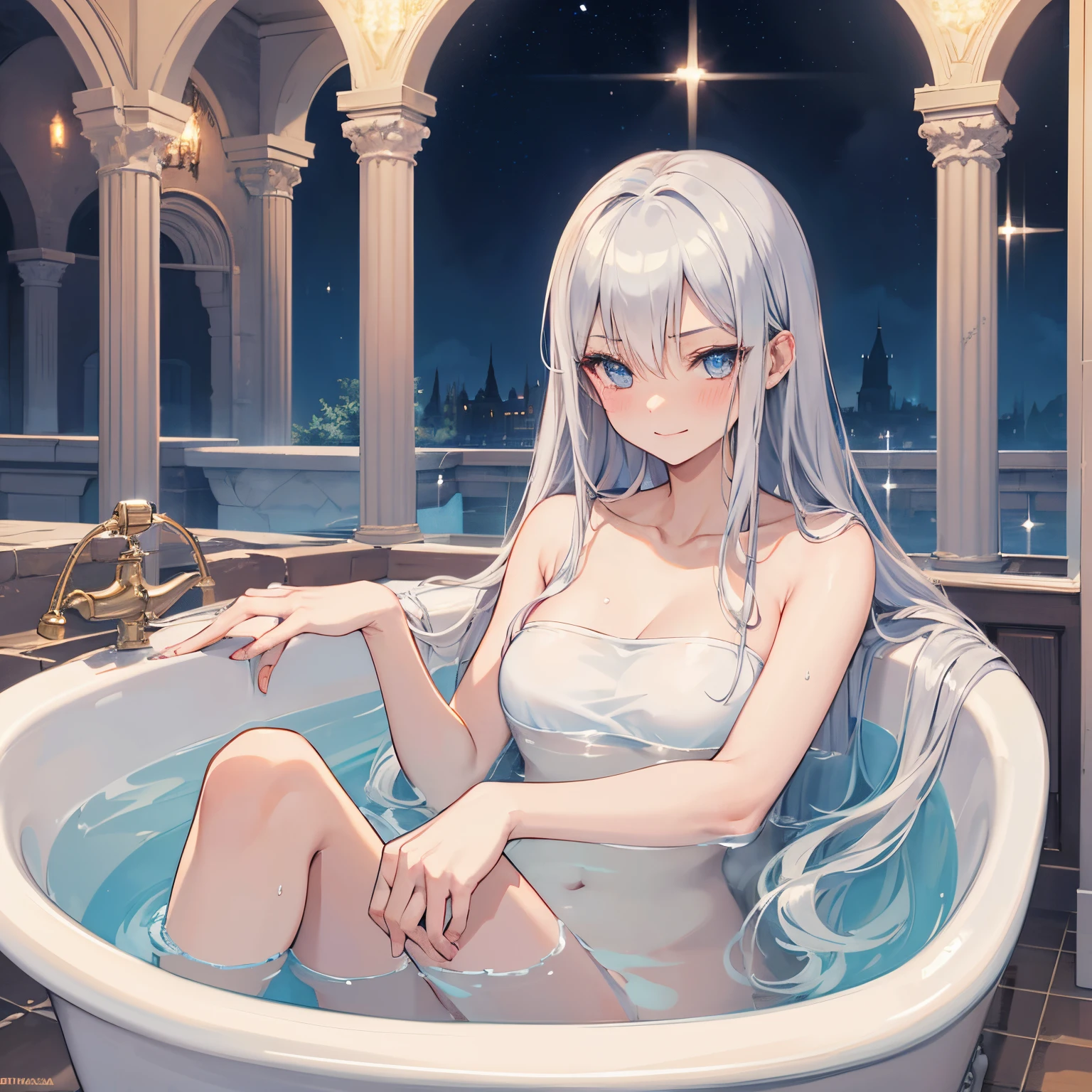 A castlevania screencap of a girl with long silver hair, blue eyes, blushing, towel, relieved smile, relaxing in a bath tub, steam, fantasy bathroom scenery, MAPPA, wit screencap, anime
