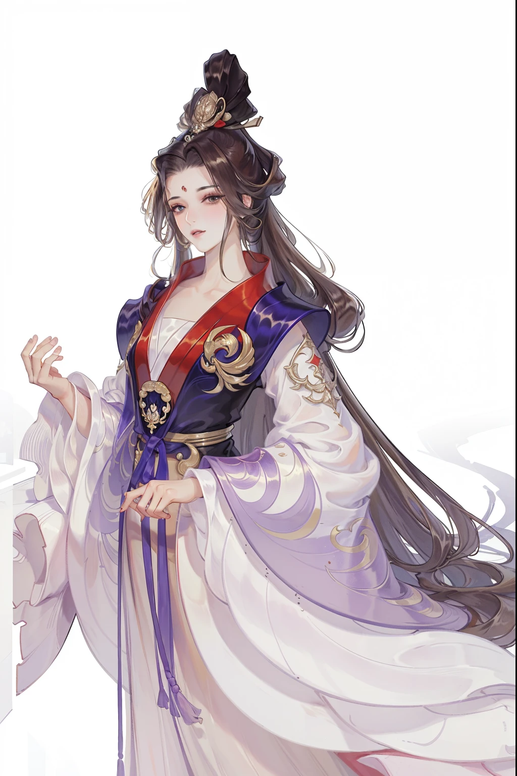 (((tmasterpiece, Best quality, 超高分辨率, CG unified 8K wallpaper, Best quality at best, ultra - detailed, ultra HD picture quality))), 1 girl, cabelos preto e longos, game fairy, Red and black clothes, Hanfu, yarn, flowing gauze, jewely, ((Colorful)), Nice face, beautidful eyes, Beautiful hairstyle, Beautiful costumes, Structurally sound