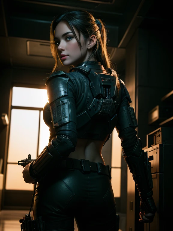 Best quality, super high resolution, beautiful girl as a doomsday killer, (holding very detailed futuristic technology firearms), very detailed hair, 1 girl, super resolution, very detailed face, very detailed light and shadow, ((full body)), with wires around the neck, (vista), realistic sci-fi cyberpunk power armored machine girl, close-up portrait film, 8k, HDR ((complex details, super detailed)), (Backlight: 1.3), (Movie: 1.3), (ArtStation: 1.3)