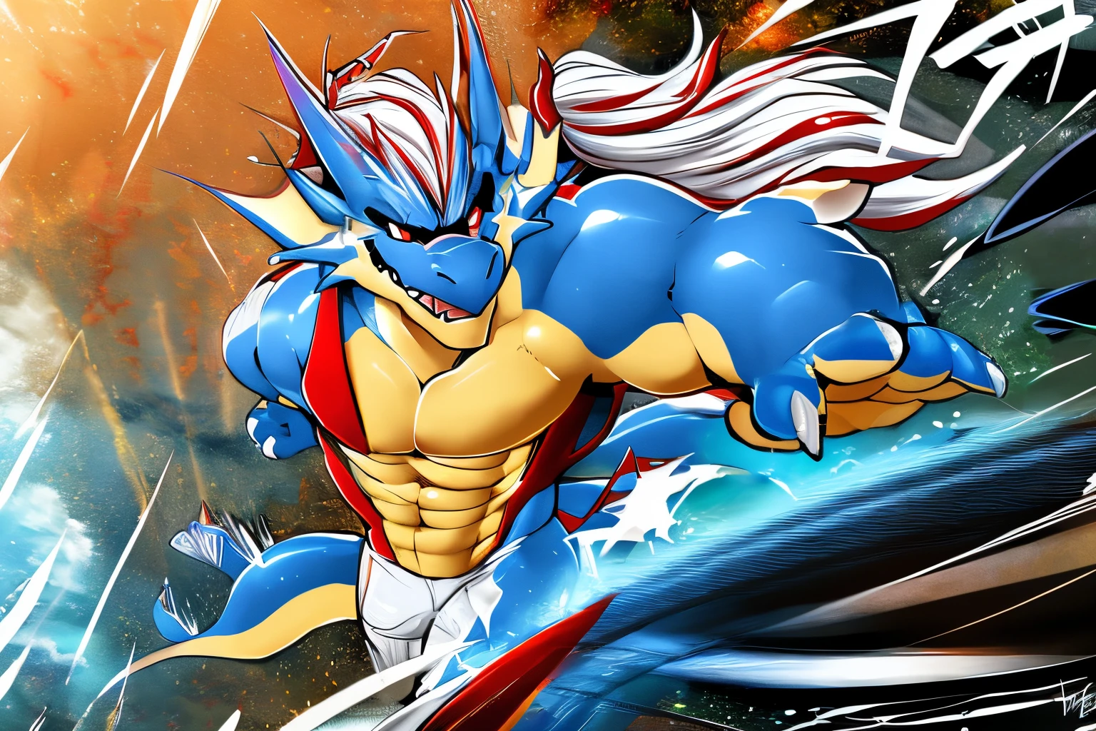 Hydor, a dragon, Red Eyes, Blue body, White Hair, long-haired, anthro, bara, clothes, Masculine, muscular, first-person view, By Takemoto Arashi, Lyndong, running, (Speed Line:1.3), wallpaper, detailed background, The sea, action pose, Stunning drama, Dynamic Poses