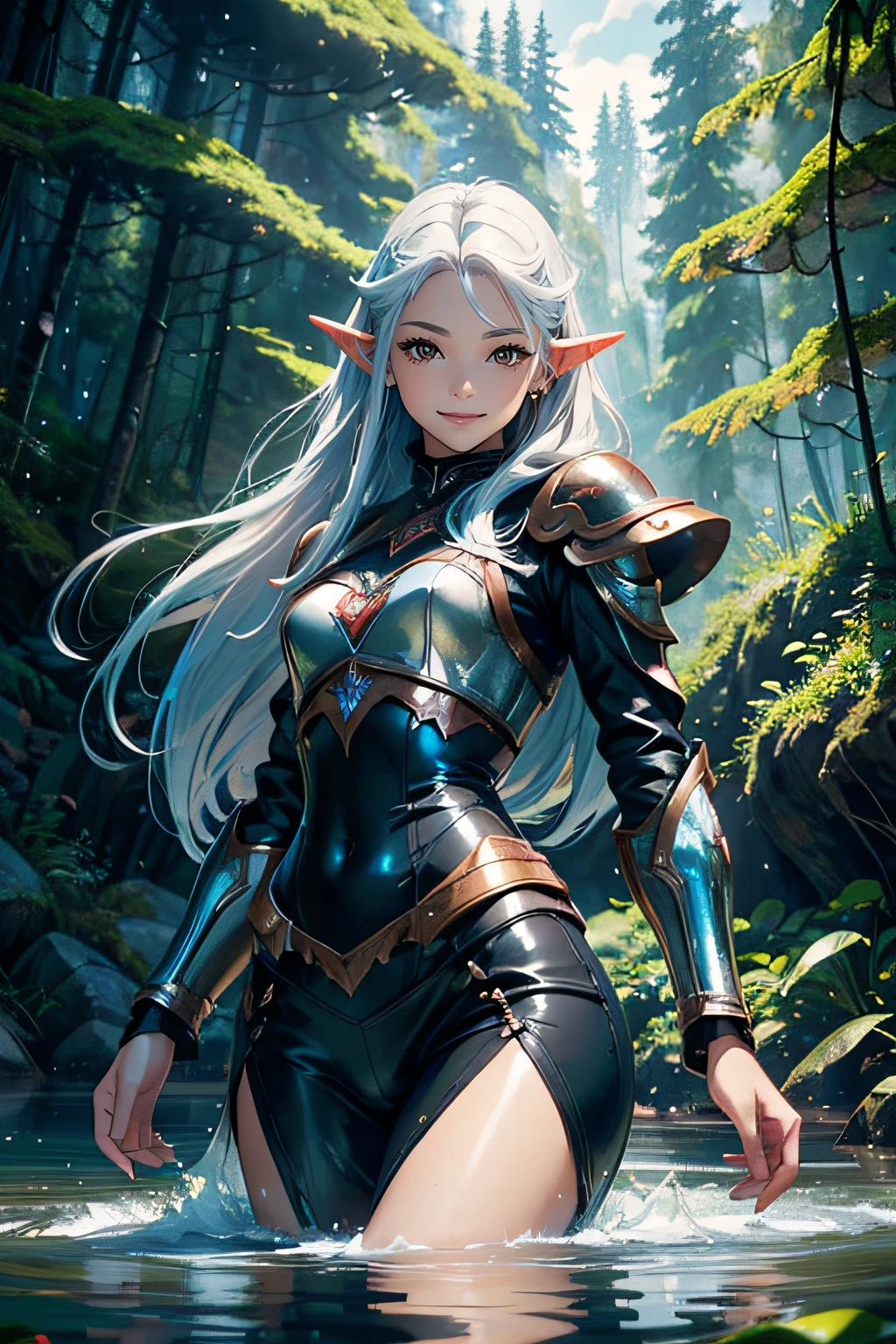 Beautiful woman, nice perfect face with soft skin, small face with nose and rose-like lips, beautiful smile, beautiful brown eyes looking at viewer, long straight blue hair, small pointy elf-like ears. Wearing black leather armour. Forest and lake background. high quality High Resolution 8K masterpiece