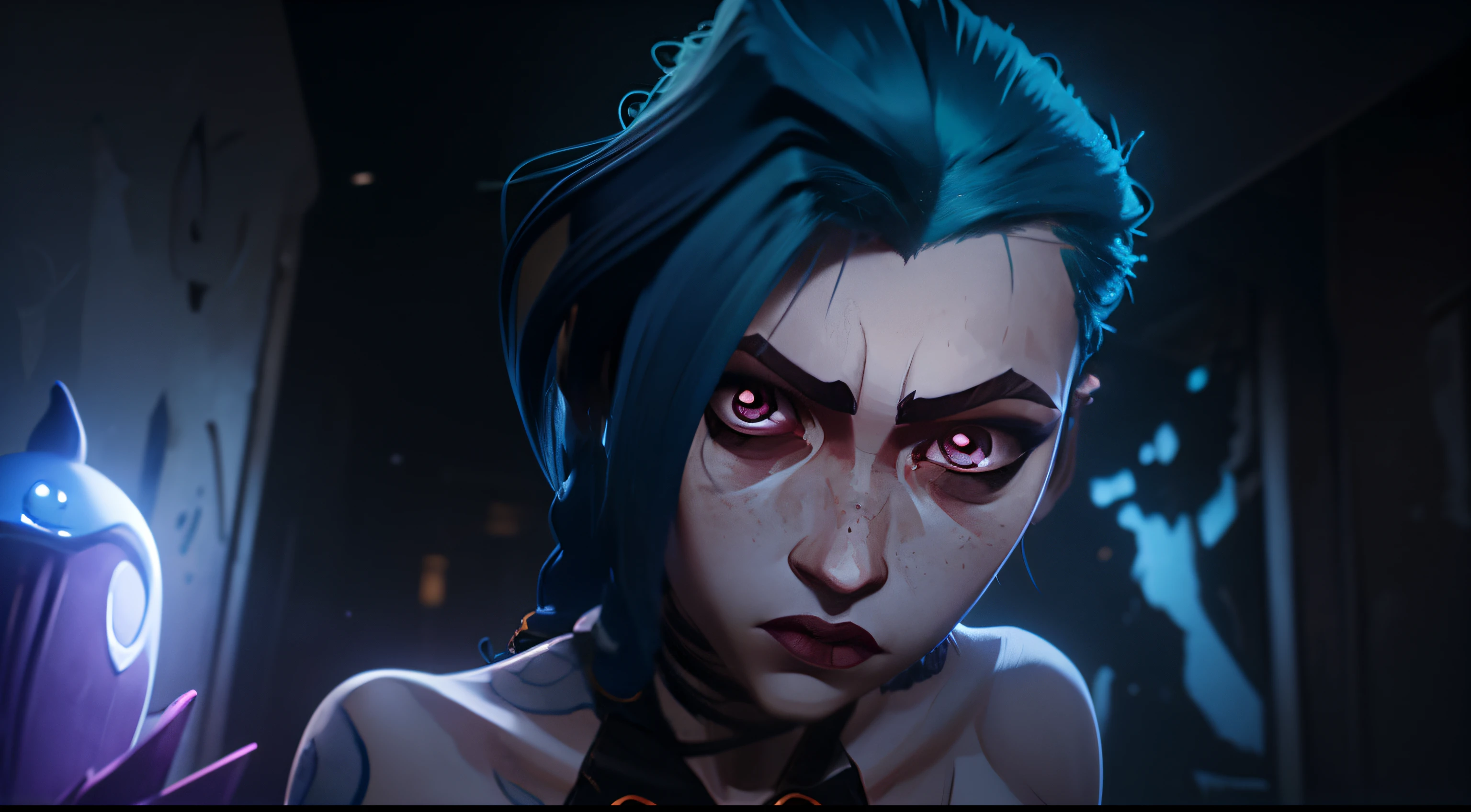 portraite of a, A girl, in full height (Body Full 1.1), Fantasy City, Standing in a fighting posture, holds his fists, palms clenched into fists, close up face, facial focus, enthusiasm, closeup face, glow in the dark paint, Dark tones, Dark blue background, Arcane style, Arcane's Jinx (character design 1.1.), very long blue braids, two very long tails of hair, Very detailed. Anime style, The secret of animation, gloomy composition, The Gloomy Room, luminescent paint on the walls, drawings on the walls, glowing pink eyes (highly detailed glowing pink eyes, pink pupils 1.1), Pink pupils, very detailed eyes, Beautiful figure, a 1girl, Beautiful figure (Proper Anatopy 1.1.), Slender figure, shapely legs, Blue hair, hairlong, Skinny black leather pants, Very detailed face, Very beautiful face, Very sexy ass, in full height (Body Full 1.1), small elastic breasts, Little ass, Beautiful slim figure, small buttocks, black tight suit, tmasterpiece,beste-Qualit,higly detailed,Visible to the feet, 8K resolution