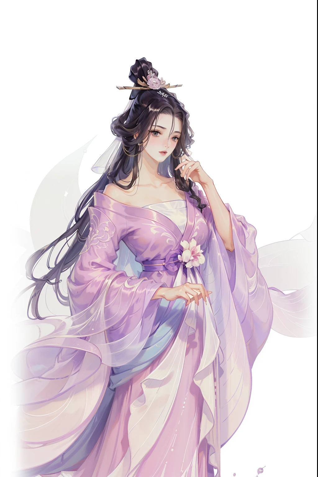 (((tmasterpiece, Best quality at best, 超高分辨率, CG unified 8K wallpaper, Best quality, ultra - detailed, ultra HD picture quality))), 1 girl, cabelos preto e longos, game fairy, Pink clothes, Hanfu, yarn, flowing gauze, jewely, ((Colorful)), Nice face, beautidful eyes, Beautiful hairstyle, Beautiful costumes, Structurally sound