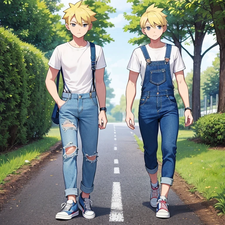 full body picture, blond pokemon trainer guy, wearing a blue denim ripped overalls with one strap, white converse shoes, white shirt with dark blue stripes, walking