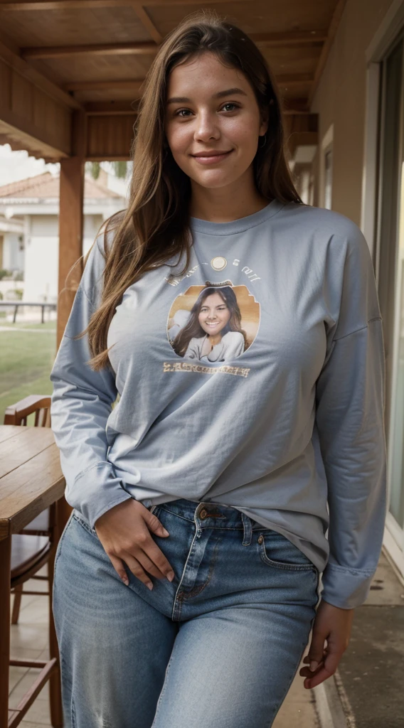 there a woman smiling, wearing a long sleeve tshirt with mom jeans, 30 years old, caroline gariba-kailee mandel-corinne day-alana fletcher-magalie villeneuve-fernanda suarez-christina kritkou-malika favre merged, entire body visible, short plump body, chubby