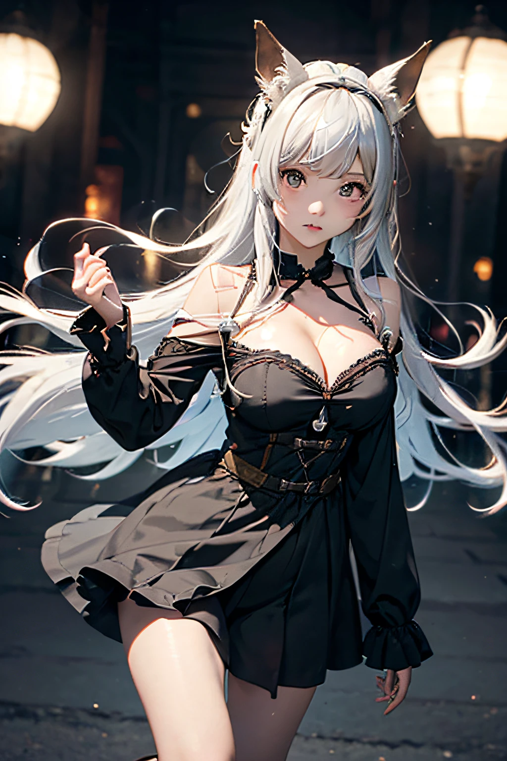 ((Marl、Horse ear headband、fake horse ears))、(lightly dressed、cleavage of the breast、fully body photo、Beautiful legs)、(Silver hair color、Red eyeball、Snow-white skin、natta、murky、Black Dress、Sexy dresses、nightcity、Ruins、Underworld、A portrait of a beautiful woman based on a painting by Isin Nishio)、1girl in、master piece、japanaese girl、absurderes、hight resolution、ultra-detailliert、depth of fields、masterpiece、extremely details CG、3D Photography、3D background、Unity、8K、Hi-Res、top-quality、shadowy、foco nítido、pale-skinned、A detailed eye、blurry backround、dynamic ungle、The most amazing super feat exaggeration、a closed mouth、Look at viewers、deadpan、Red cheeks、superclear