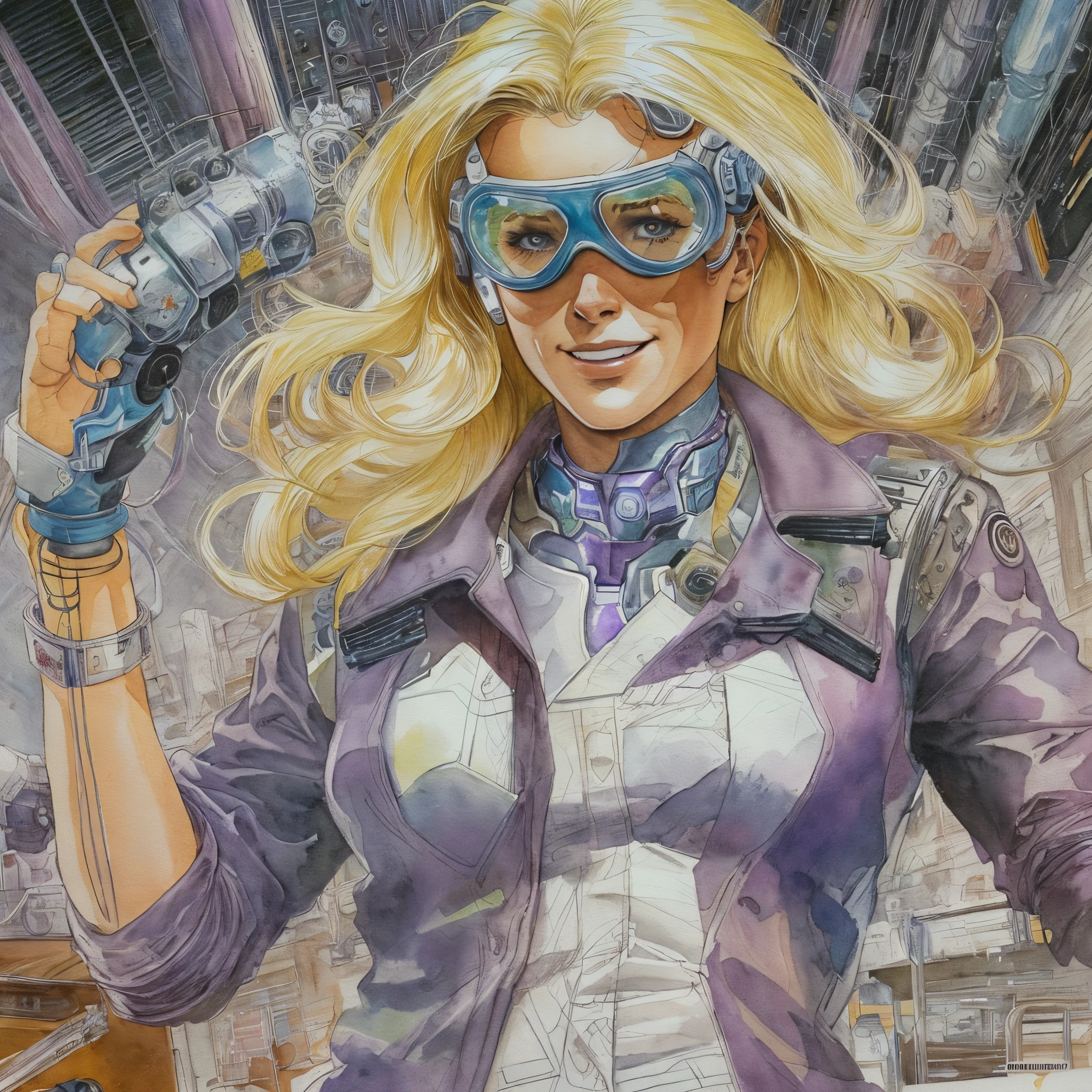 (comic style:1.3), (line art:1.5), (cowboy shot), Masterpiece, best quality, a 35 year old evil female scientist from the 1970s, long blonde hair (fringe bangs), small breasts, grinning insanely, wearing a purple lab coat and goggles, purple headband, leggings,  cybernetic arms, cybernetic hands, watercolor painting, art by Alex Ross, cinematic, masterpiece, laboratory, detailed background, detailed material textures, serious, realistic 1.35, muscular 1.2