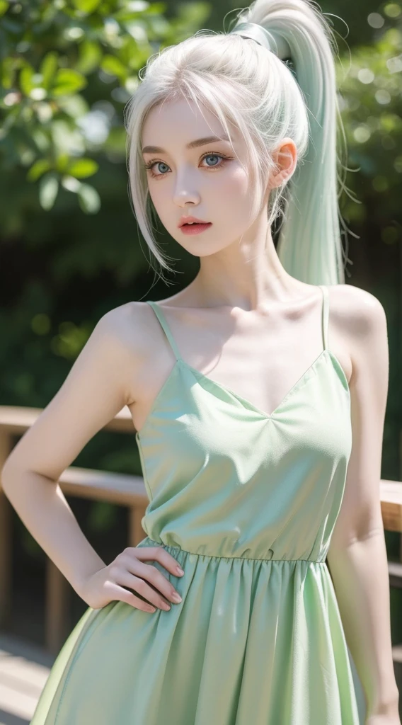 A adorable cute  girl with green eyes standing, wearing green dress, pale skin, smooth pale skin, skin tune pink, cute face, white hair, ponytail hair, super detailed, 8k