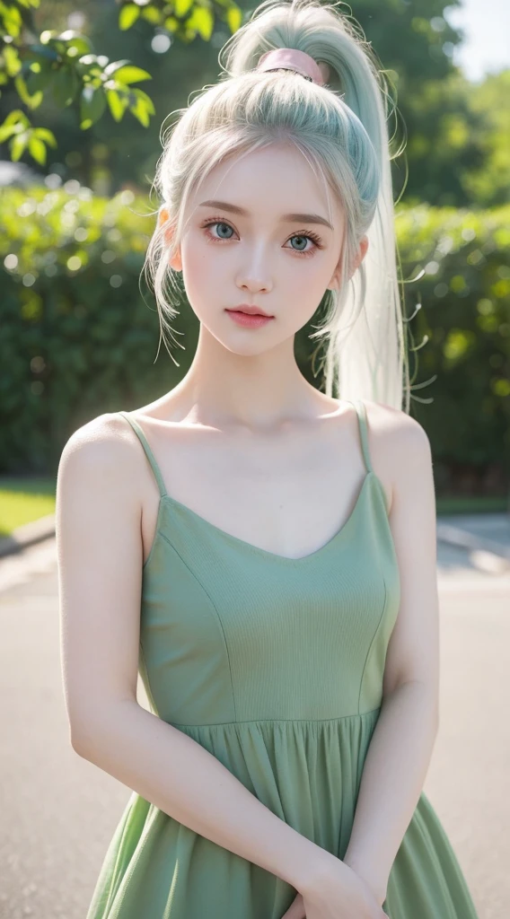 A adorable cute little girl with green eyes standing, wearing green dress, pale skin, smooth pale skin, skin tune pink, cute face, white hair, ponytail hair, super detailed, 8k