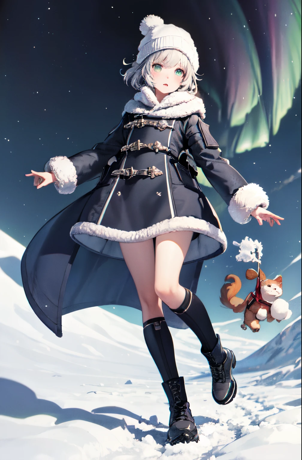 marvelous illustration,1girl in, Short hair, South Pole, Aurora, Winter coat, long boots, Knitted Cap,