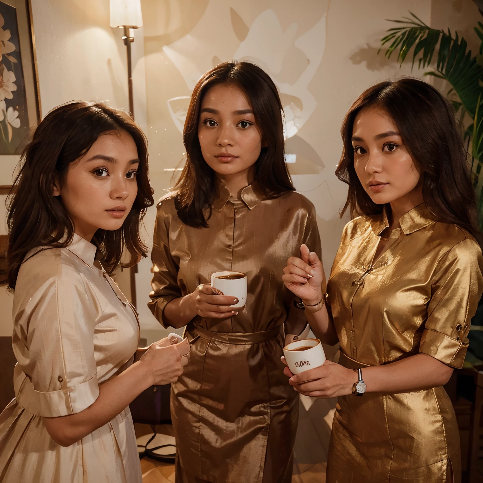 (8K, Best quality at best, tmasterpiece:1,2), (actual, Photorealistic:1,37), quality, tmasterpiece, a beautiful  woman, Want to drink coffee, A coffee cup, Elegant style. Indonesian womenswear style, Clean and fair skin, pretty eyes, Medium hair, Wearing a watch