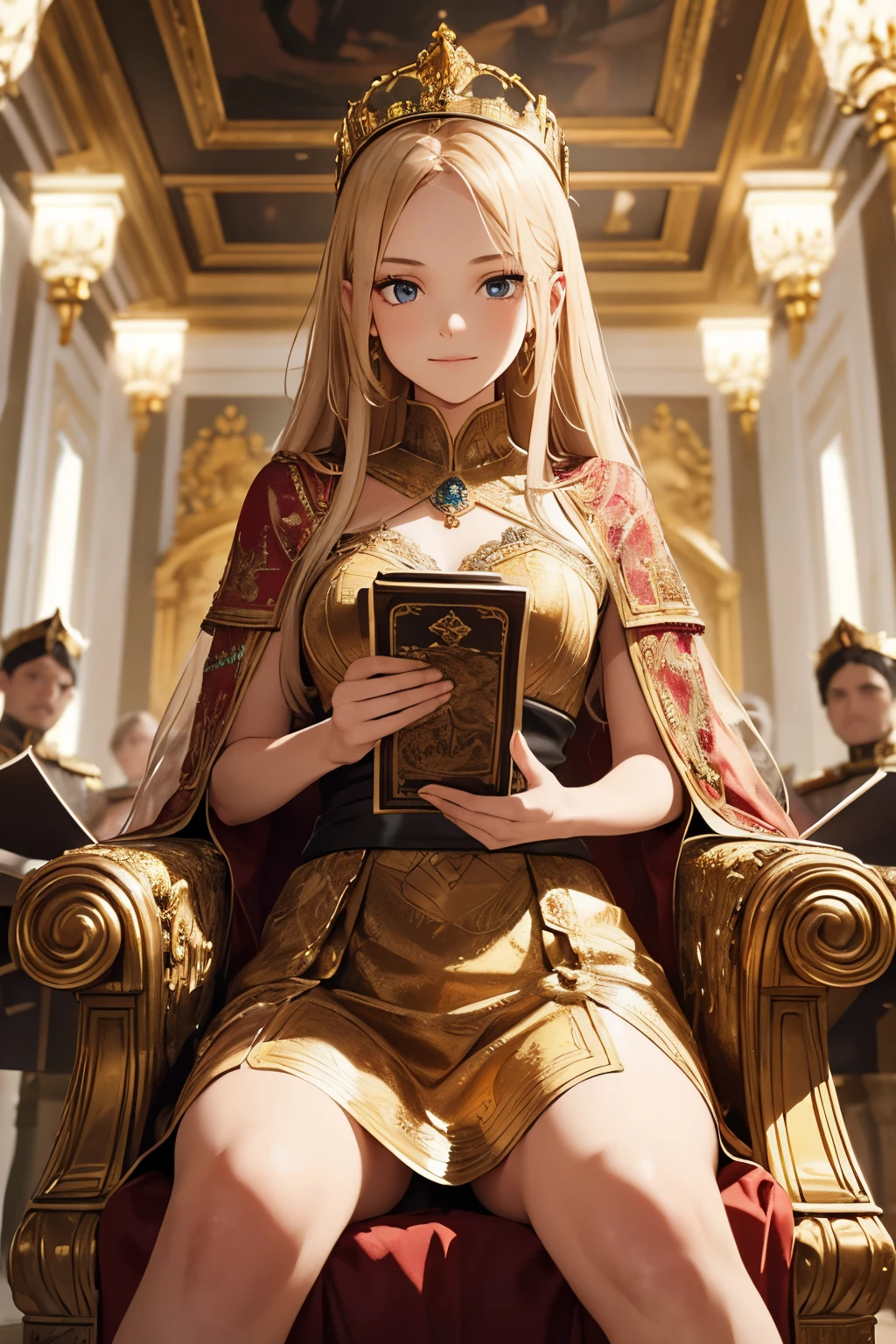 a girl with a crown, sitting on a throne, surrounded by loyal soldiers, holding a map and giving orders. The girl has beautiful detailed eyes, a confident smile, and is wearing a regal dress. The throne is made of gold and adorned with intricate carvings. The soldiers are dressed in armor and have determined expressions on their faces. The map is large, indicating different territories and battle plans. The room is filled with grandeur, with chandeliers hanging from the ceiling and marble pillars lining the walls. The lighting is dramatic, casting long shadows across the room. The overall color tone is rich and vibrant, with deep reds and gold accents. The artwork is done in a photorealistic style, capturing every small detail and texture. The image is of the best quality, with ultra-detailed features, highlighting the intensity and power of the scene.