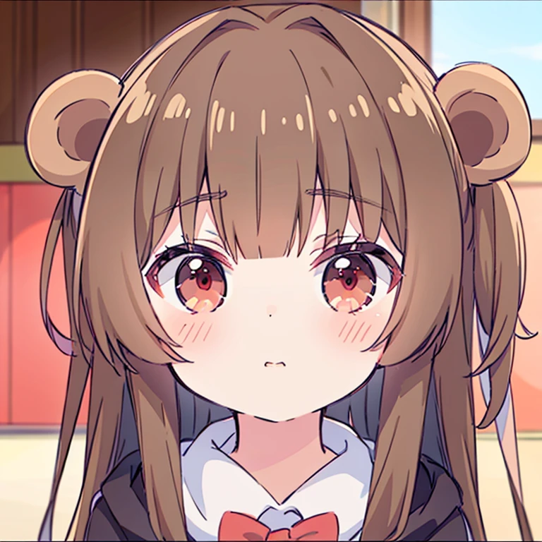 girl, light Brown hair, red eyes, long hair, kuma kuma kuma bear anime style, anime style, high quality