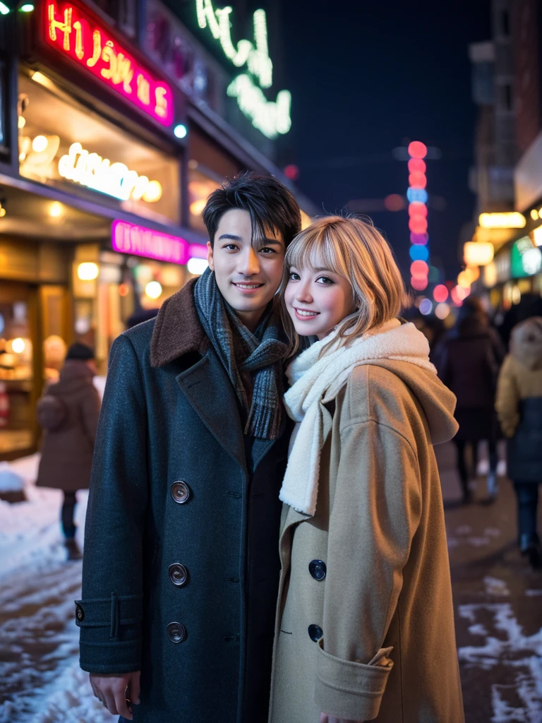 Ultra-high resolution 8K photo quality、Realistic character depiction and realistic background Beautiful skin Beautiful hair、Wearing a duffel coat and a scarf around his neck、Beautiful and eye-catching Japanese woman with very short blonde hair、walking with a tall man、Dating、Downtown at night covered with snow background decorated with store lights, Neon light, and lots of lights.、Atmosphere during the date