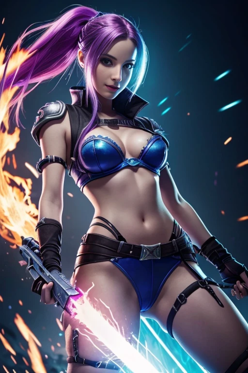 (((Emma watson))) dressed in cosplay of ((jinx))(front view) (open legs)araffe cosplaying with a gun and a purple outfit, jinx from league of legends, jinx from arcane, vi from league of legends, alice in wonderland cyberpunk, vi from arcane, cyberpunk angry gorgeous goddess, arcane jinx, in cyberpunk style, seductive cyberpunk dark fantasy, oppai cyberpunk, cyberpunk 2 0 y. o model girl, cyberpunk vibes, fit belly, skinny, bare belly, mini top, panties is to small, mini thong, mini panty (one knee on the floor), hair color blue and pink