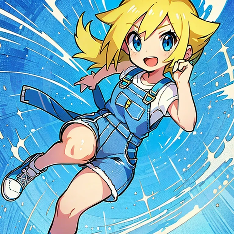 full body picture, blond pokemon trainer guy, wearing a blue denim ripped overalls with one strap, white converse shoes, white shirt with dark blue stripes, walking