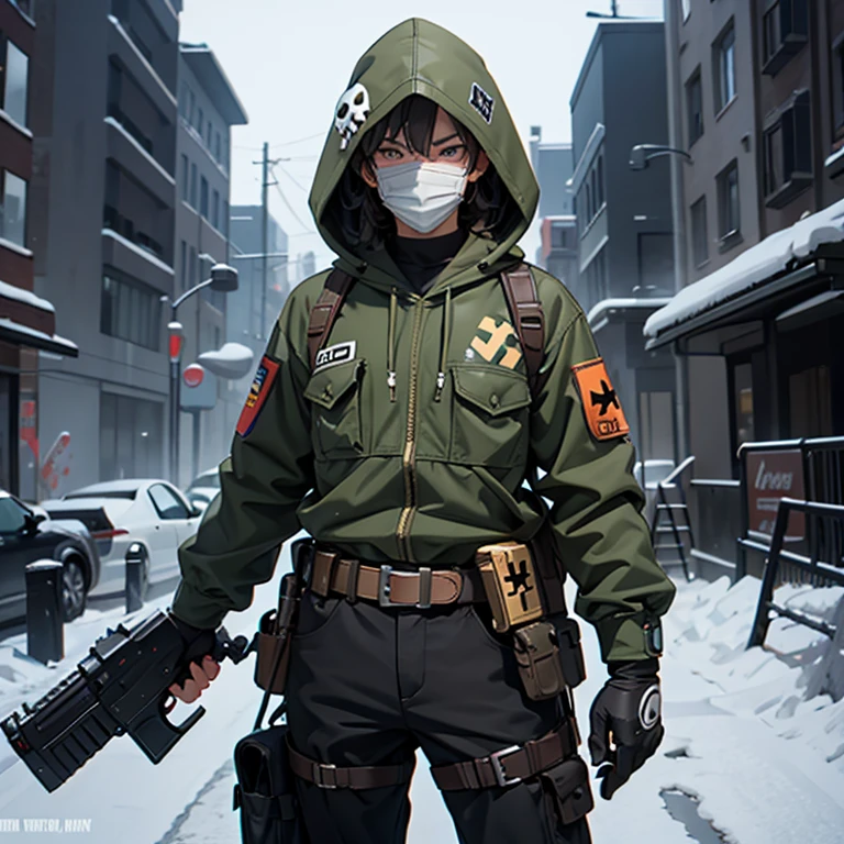 Boy soldier with skull mask and hood with Brazilian swastika