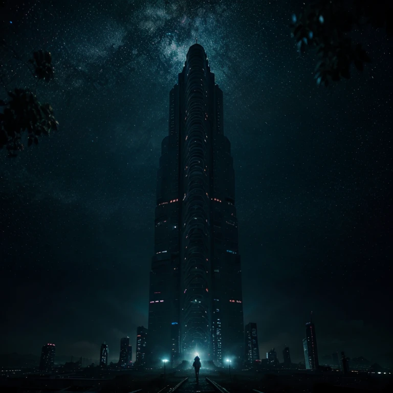 an abandoned cityscape under a starry sky, invaded by aliens and dark colored psychedelic plants, mystical lighting, dark rave art style --ar 1:1