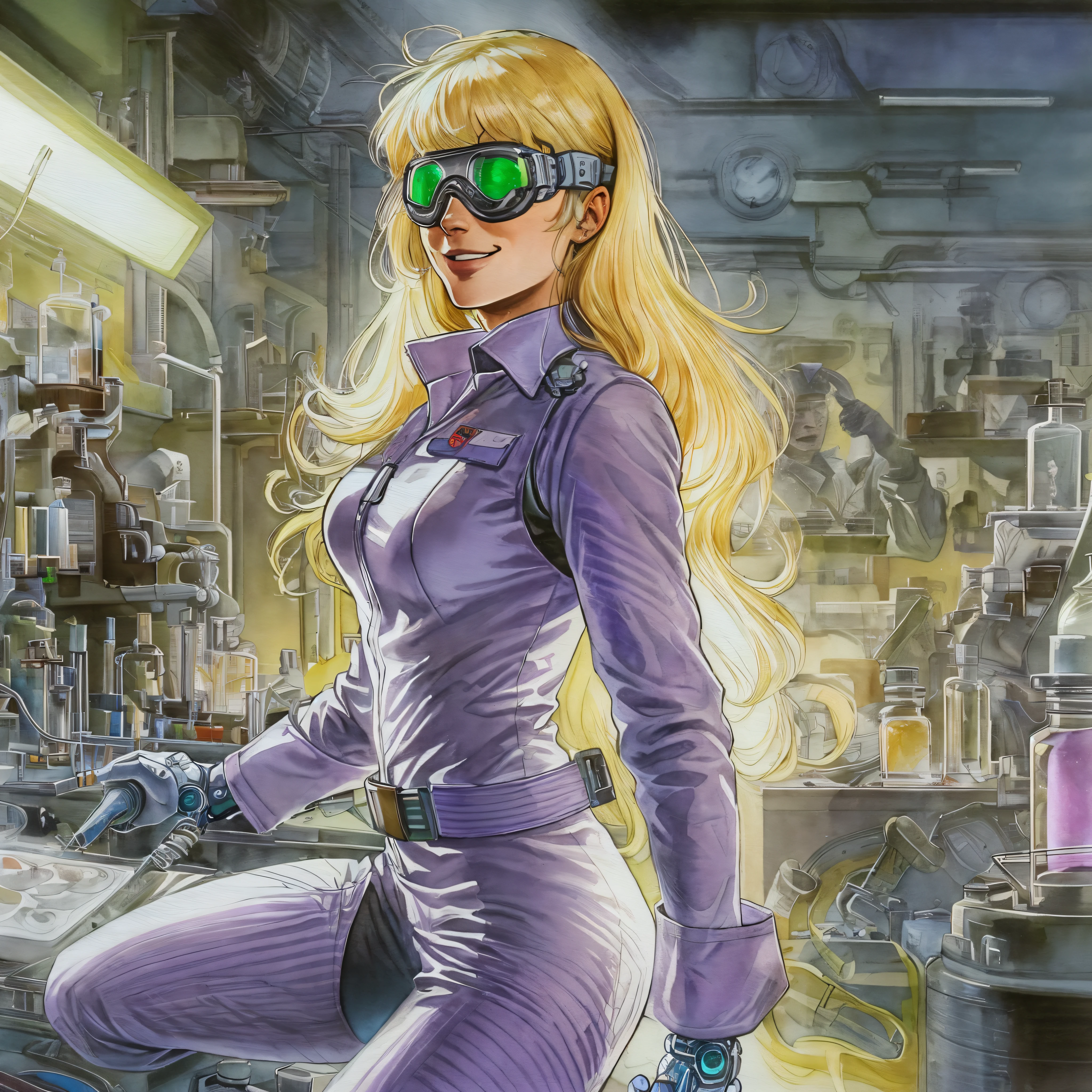 (comic style:1.3), (line art:1.5), (cowboy shot), Masterpiece, best quality, a 35 year old evil female scientist from the 1970s, long blonde hair (fringe bangs), small breasts, grinning insanely, wearing a purple lab coat and goggles, purple headband, leggings, cybernetic arms, cybernetic hands, watercolor painting, art by Alex Ross, cinematic, masterpiece, laboratory, detailed background, detailed material textures, serious, realistic 1.35, muscular 1.2