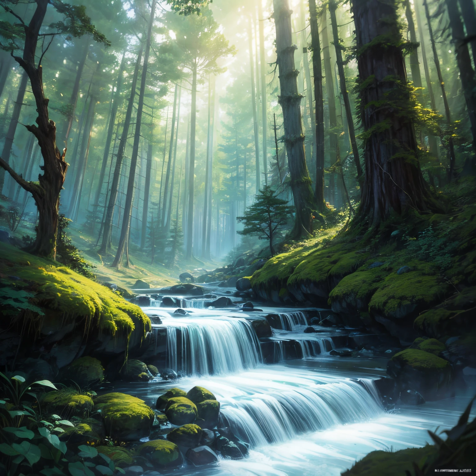 an ancient forest, with extreme delicacy、High-quality digital painting technology presentation, Reach 8K resolution. This work has attracted attention on ArtStation for its sharp focus, Rich light variations, and a very complex and detailed central composition.. Inspired by artists like Lois van Baarle (loish), Ilya Kuvshinov sty, and Studio Ghibli, The style presents a chibi-kawaii aesthetic,The tones are pastel,watercolor.