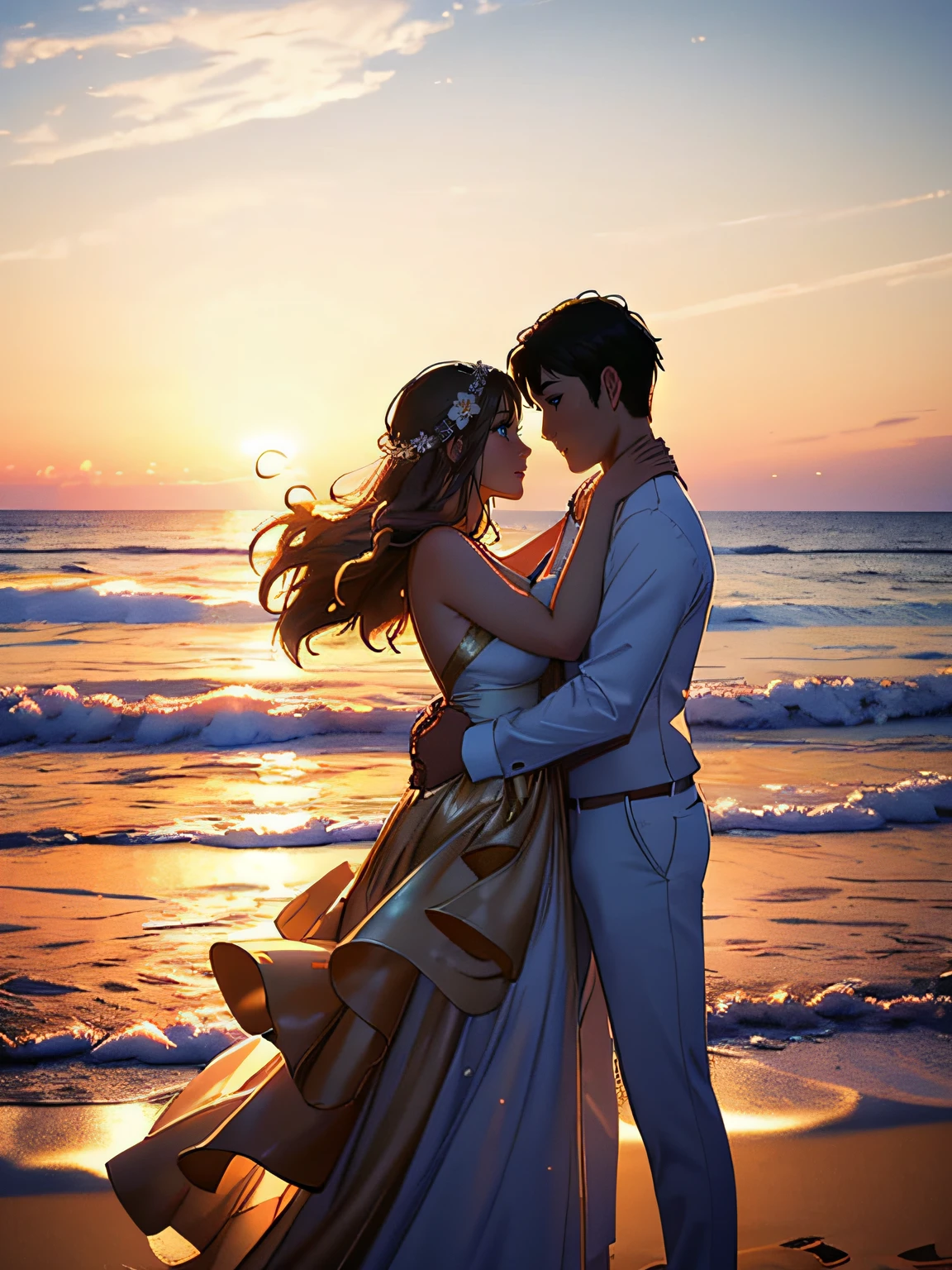 A couple in a romantic sunset,holding hands,dressed in elegant attire,standing on a picturesque beach,gentle wind blowing their hair,intense eye contact,smiling passionately,emotional connection,sparkling ocean in the background,soft golden light,romantic atmosphere,affectionate hug,long dresses,seaside breeze,warm sunset colors,(best quality,4k,8k,highres,masterpiece:1.2),ultra-detailed,realistic:1.37,golden hour lighting,vibrant colors,love,relationship,beach wedding,romantic getaway,lovebirds,dreamy scene,silhouettes against the horizon,love in the air,whispering sweet nothings,unforgettable moment