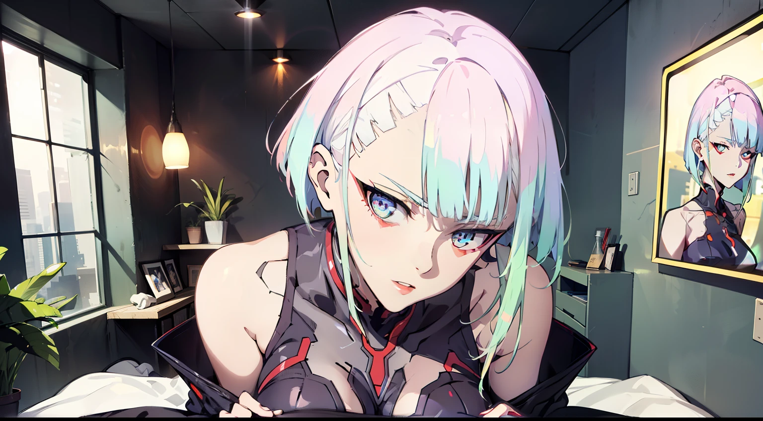 In the room, Portrait Of Girl, Face close to the camera, the night, Kneeling, Nudie, lies in the bathroom, Erotica, Romantic, closeup face (very detailed eyes, Lips 1.1), Face close, extends his hand to the viewer, Room, Very detailed. very detailed eyes, grey-blue eyes, Beautiful figure, very detailed eyes, facing the viewer, Beautiful figure (Proper Anatopy 1.1.), in full height (Body Full 1.1), Slim, Slender figure, shapely legs, Anime style, 2B from the anime NierAutomato, white colored hair, Bob hairstyle, Cutouts on the shoulders, Cutouts on the chest, Neckline at the waist, black stockings, Black Short Skirt, Very detailed face, Very beautiful face, in full height (Body Full 1.1), small elastic breasts, Beautiful slim figure, femininity,tmasterpiece,beste-Qualit,higly detailed,8K resolution, High Sharp, 8K resolution, higly detailed, 8K UHD, Professional lighting,a perfect face, detailed face and body, ray traced, expressive look,elastic small breasts, Heightened sexuality,
