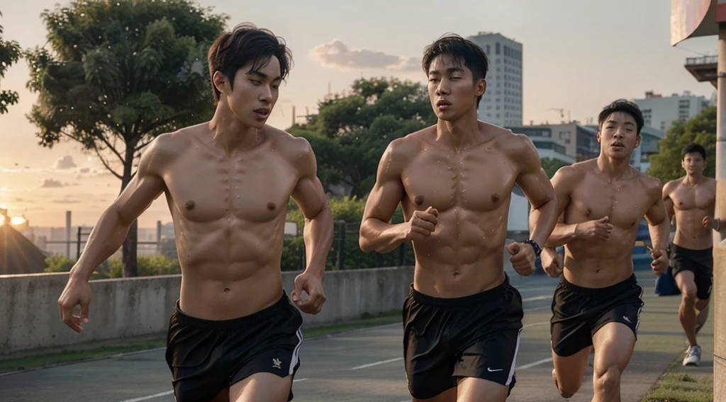 creates an image of a two korean boys, muscular, tall, body oiled, few veins, tall, light skin, brown hair and the other with black hair, having a good time while running nudes and sweating too much, shirtless, with the background of a city en sunrise, and friends