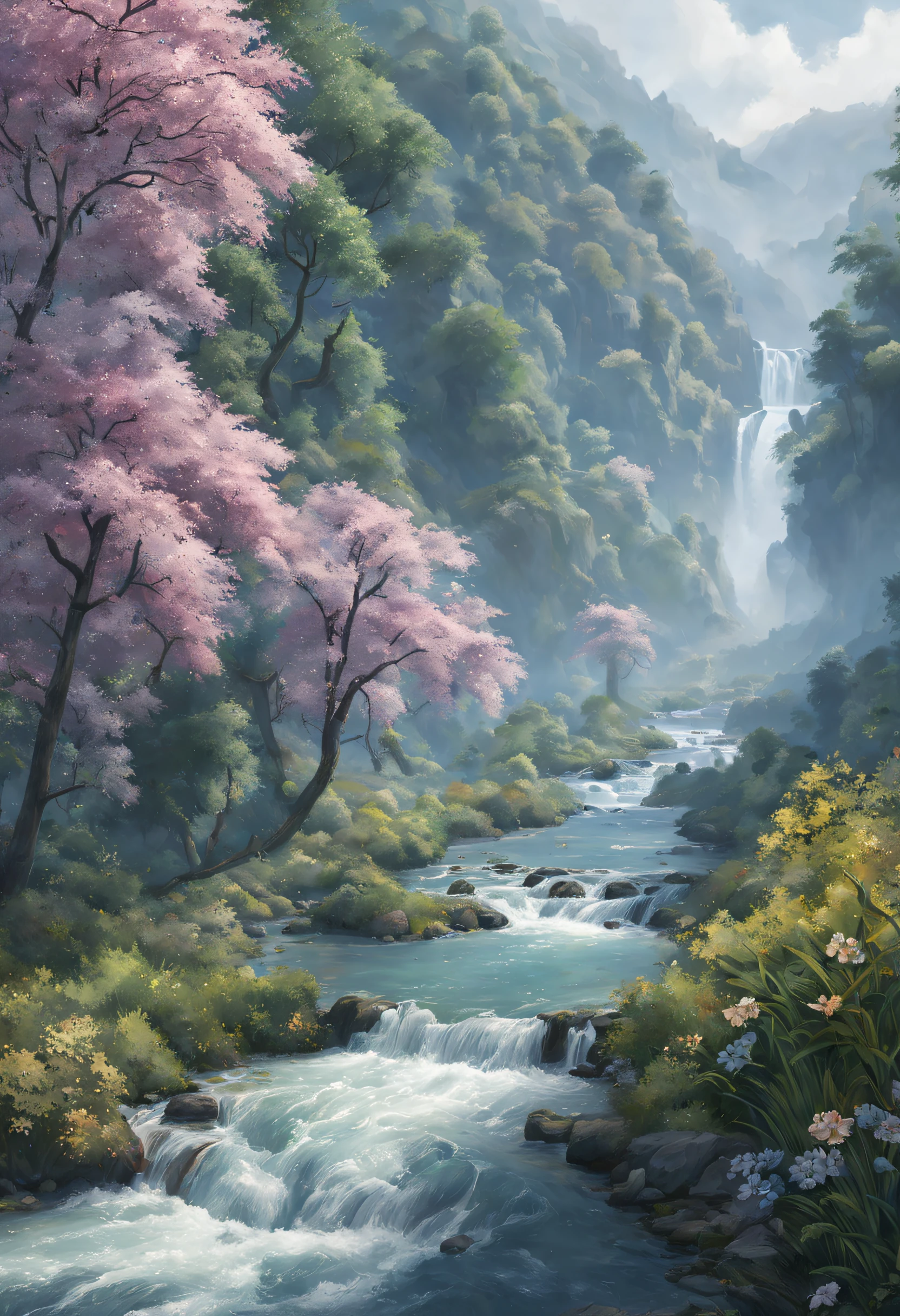 Stylized, ChromaV5, nvinkpunk, (Extremely detailed 8k CG unit wallpapers), image of a majestic river, Trees on both sides, small waterfalls, dense fog, award winning photography, color difference, Detailed pubic hair, HighDynamicRange, full bloom, Monet style, Pissarro and Sisley, ArtStation's trend, Trends in CG society, halfway art