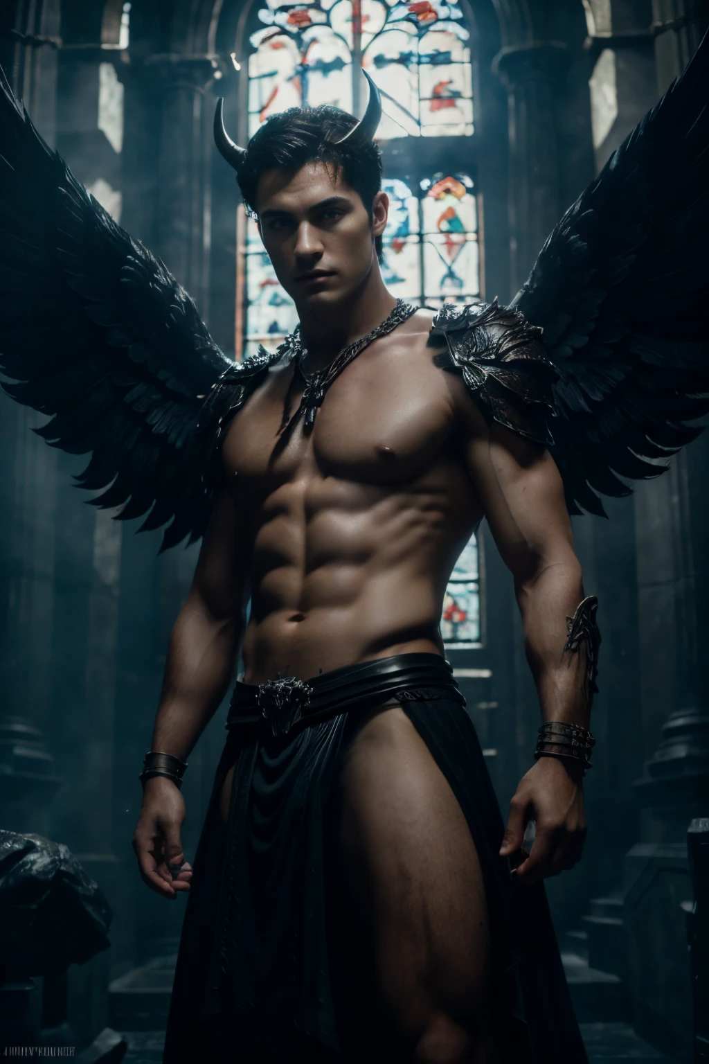 ((masterpiece)),((bestquality)),8k, high detailed, ultra-detailed, Stylish Pose, real skin texture, cinematic lighting, 21 year old male model, black demon horns, white pale skin, blue eyes, short brown messy hair, strong jawline, masculine, defined fit body, hairless ?????, prince aesthetic. gothic architecture, hellfire, black massive huge angel wings, spartan loincloth, dim light, dark atmosphere, cinematic lighting, backlight.