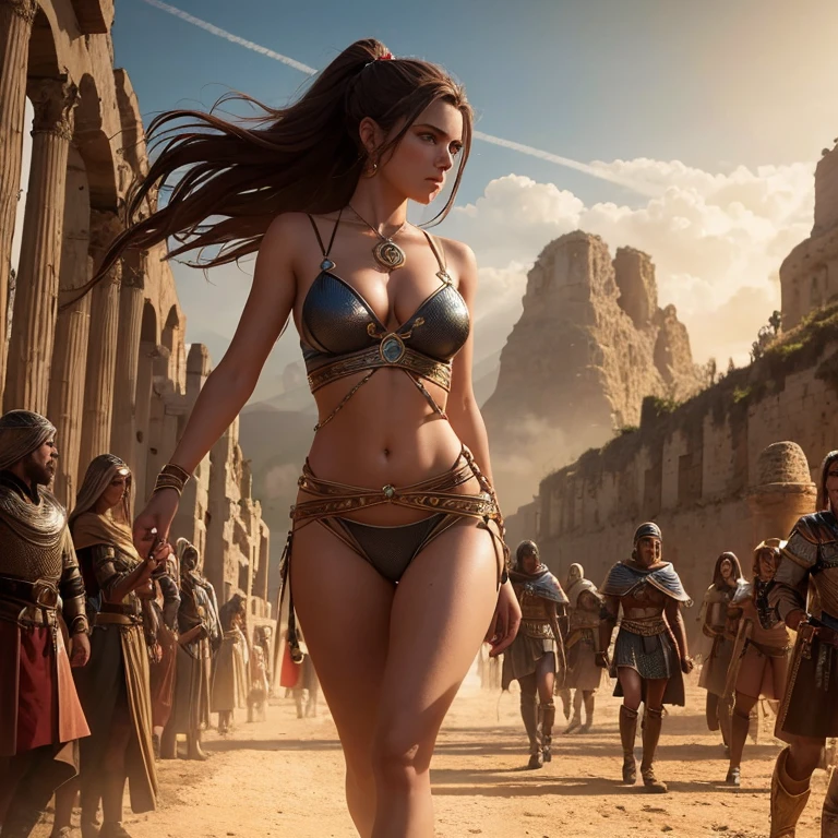 Plano de cerca de Mujer de la antigua grecia caminando de espaldas, Hermosa mujer con poca ropa, Mujer griega, diosa griega, beautiful sci fi art, 8K, sci fi artwork, sci-fi cinematic movie still, scifi art, explicit content