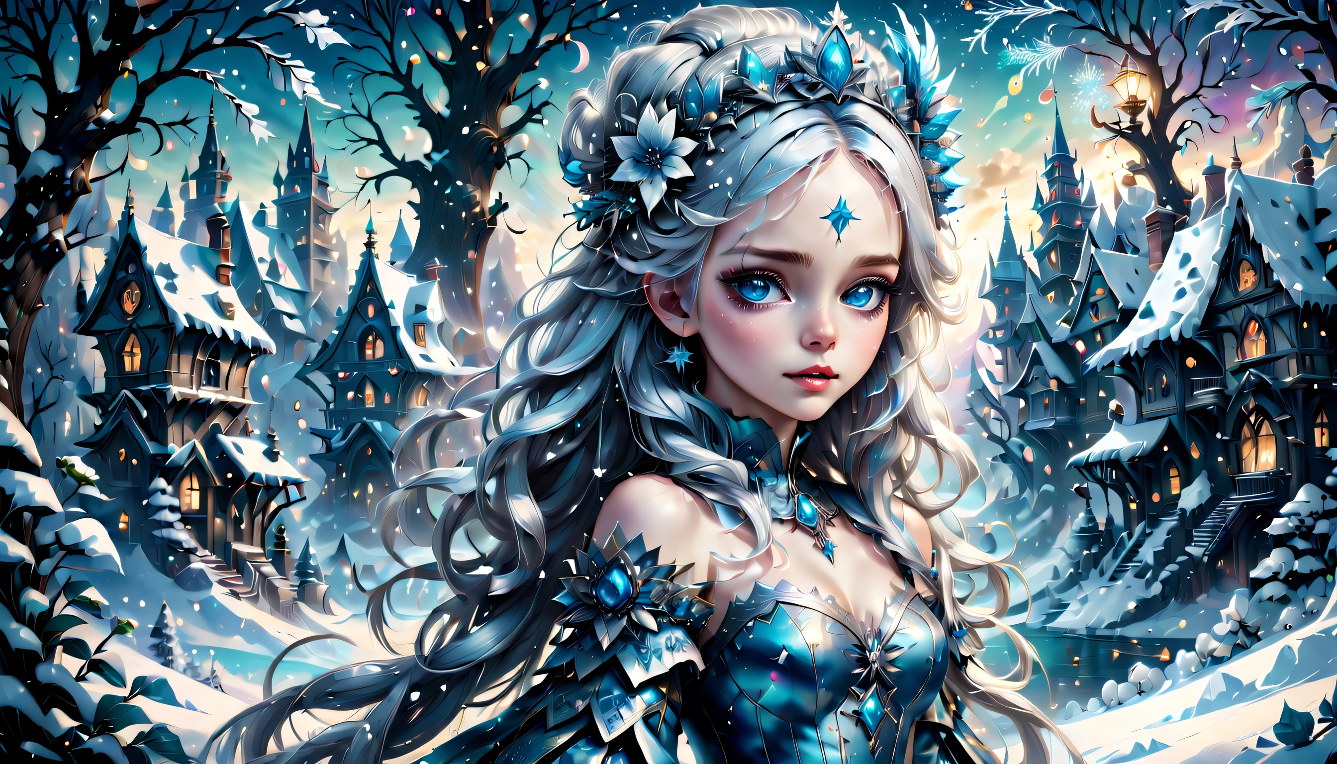 Epic Alice-Wonderland inspired illustration theme snowy winter cityscape, Enchanting beauty pure snowflake cute Alice and snowflake hair accessories, Rich luster and shine、Fluffy hair, big beatiful eyes, In the style of eternal fantasy, intricate detailes, hightquality, prestigious award. Mythical pop Alice embodies holographic rendering, The enchanting beauty of dark fantasy flowers, The juxtaposition of innocence and the background details of the supreme charm of mythology, Painted with amazing realism, Countless enchanting rich colors, every detail was carefully captured, highest level writing, Quality attracts,