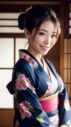 A masterpiece of the highest quality: a beautiful woman in a kimono, smiling, sexy, with the kimono slightly disheveled