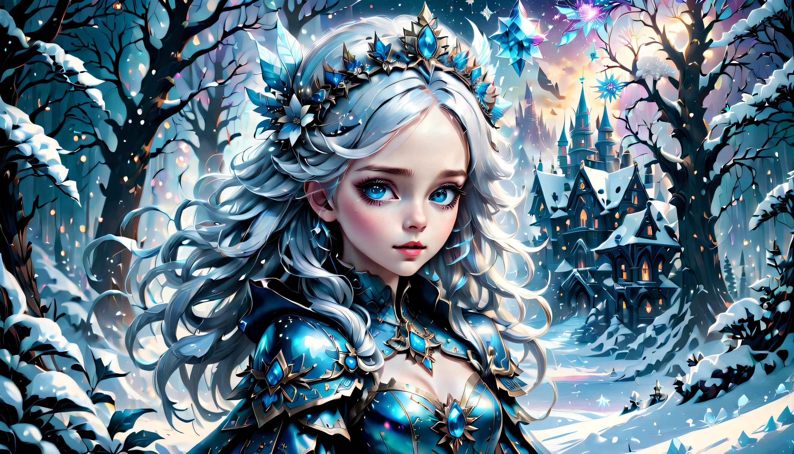 Epic Alice-Wonderland inspired illustration theme snowy winter cityscape, Enchanting beauty pure snowflake cute Alice and snowflake hair accessories, Rich luster and shine、Fluffy hair, big beatiful eyes, In the style of eternal fantasy, intricate detailes, hightquality, prestigious award. Mythical pop Alice embodies holographic rendering, The enchanting beauty of dark fantasy flowers, The juxtaposition of innocence and the background details of the supreme charm of mythology, Painted with amazing realism, Countless enchanting rich colors, every detail was carefully captured, highest level writing, Quality attracts,