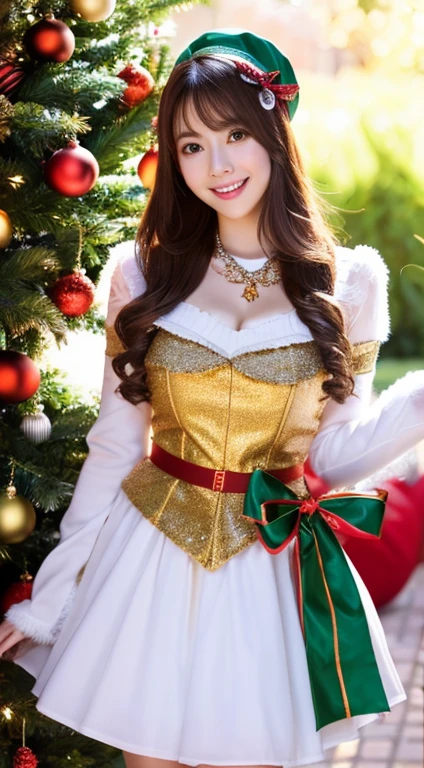 Extremely high quality details of unparalleled beauty,Santa Claus idol image,fullbody image,Best Quality, masutepiece, hight resolution, 1girl in,Christmas beauty full body high resolution image,Super high resolution images of beautiful faces,Dressed in Santa Claus costume,Hair Ornament,Maroon hair,fully body photo, Jewelry,Beautiful face,Tyndall effect,Photorealistic, Detailed image of horizontal Christmas tree,fullbody image,(High detailed skin:1.2),Smiling and looking at the camera,full body digital single lens reflex camera, in the soft and bright sunlight,High quality, Volumetric lighting, Candid, photograph, High resolution 8K,