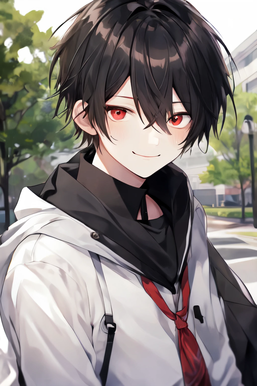 A 16-year-old UA high school student with black hair and red eyes and white skin with a smile on his face outside UA.