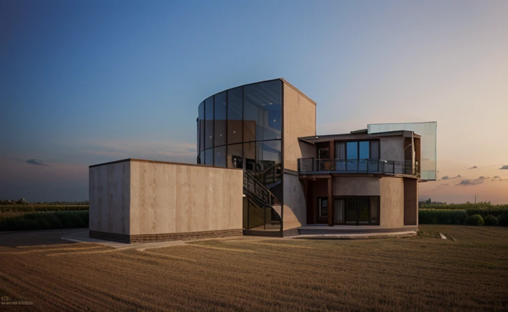 The villa, modern style, curtain wall, brick wall, rock in the bottom