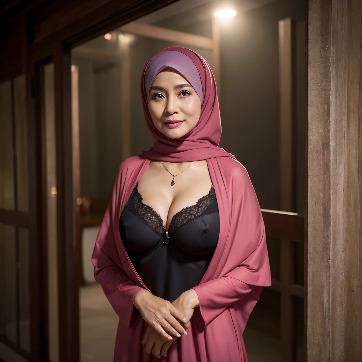 56 Years old, Indonesian mature woman, wearing Hijab, perfect body, Full body, natural Droopiest Lowest Gigantic breast : 96.9, Hard Nipple Erection, gorgeous eyes, Soft smile, wear a Gamis, Tight Bra, Heart necklace, Breast about to burst Out, Nightime, Excellent light, Dark Colour