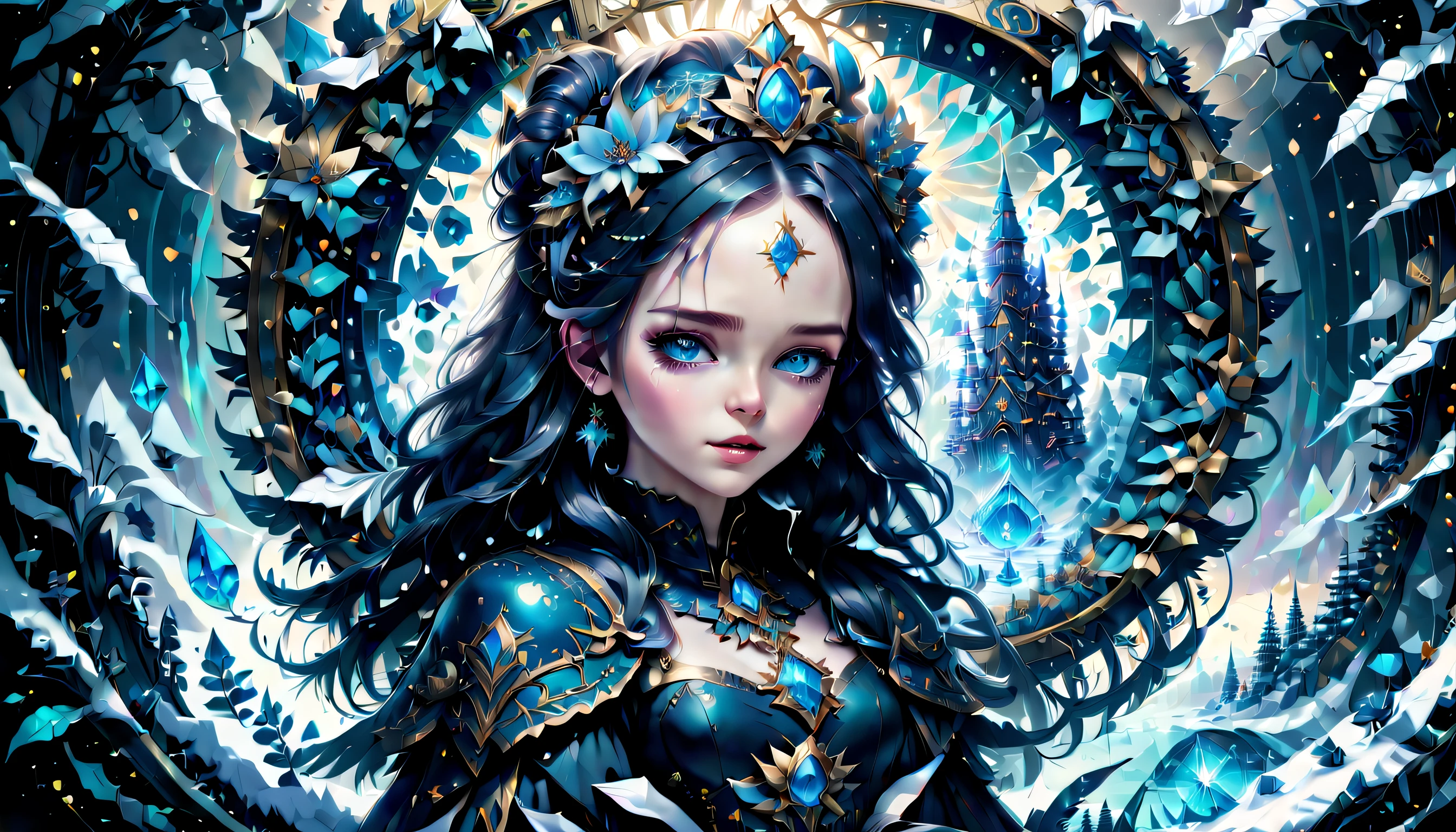 Epic Alice-Wonderland inspired illustration theme snowy winter cityscape, Enchanting beauty pure snowflake cute Alice and snowflake hair accessories, Rich luster and shine、Fluffy hair, big beatiful eyes, In the style of eternal fantasy, intricate detailes, hightquality, prestigious award. Mythical pop Alice embodies holographic rendering, The enchanting beauty of dark fantasy flowers, The juxtaposition of innocence and the background details of the supreme charm of mythology, Painted with amazing realism, Countless enchanting rich colors, every detail was carefully captured, highest level writing, Quality attracts,