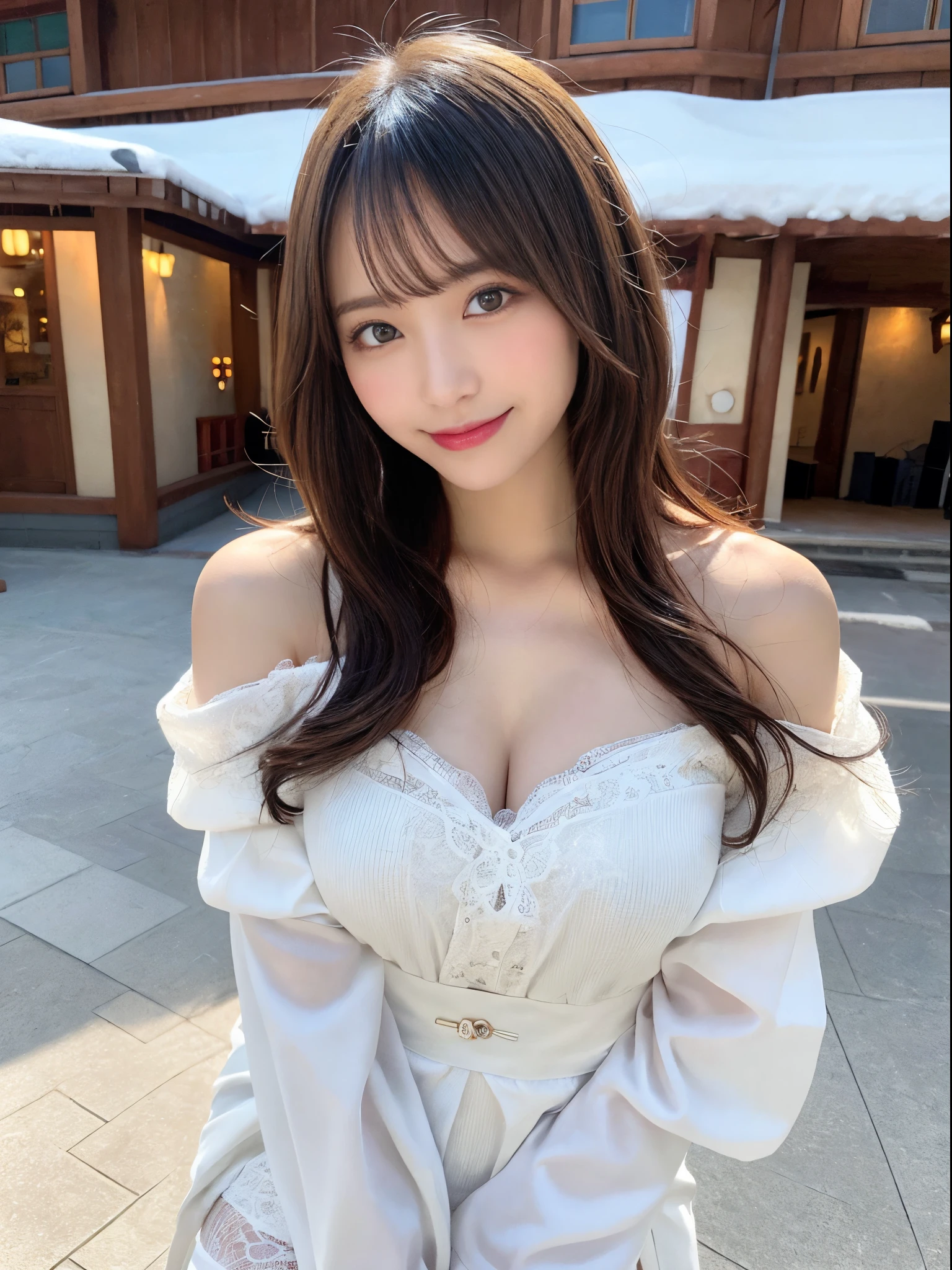masutepiece, Best Quality, Illustration, Ultra-detailed, finely detail, hight resolution, 8K Wallpaper, Perfect dynamic composition, Beautiful detailed eyes, off-shoulder kimono ,Bob Hair, mid-chest, Natural Color Lip, Random and sexy poses,Smile,20 years girl Colossal tits、Ski Resort、White sheer body stockings、