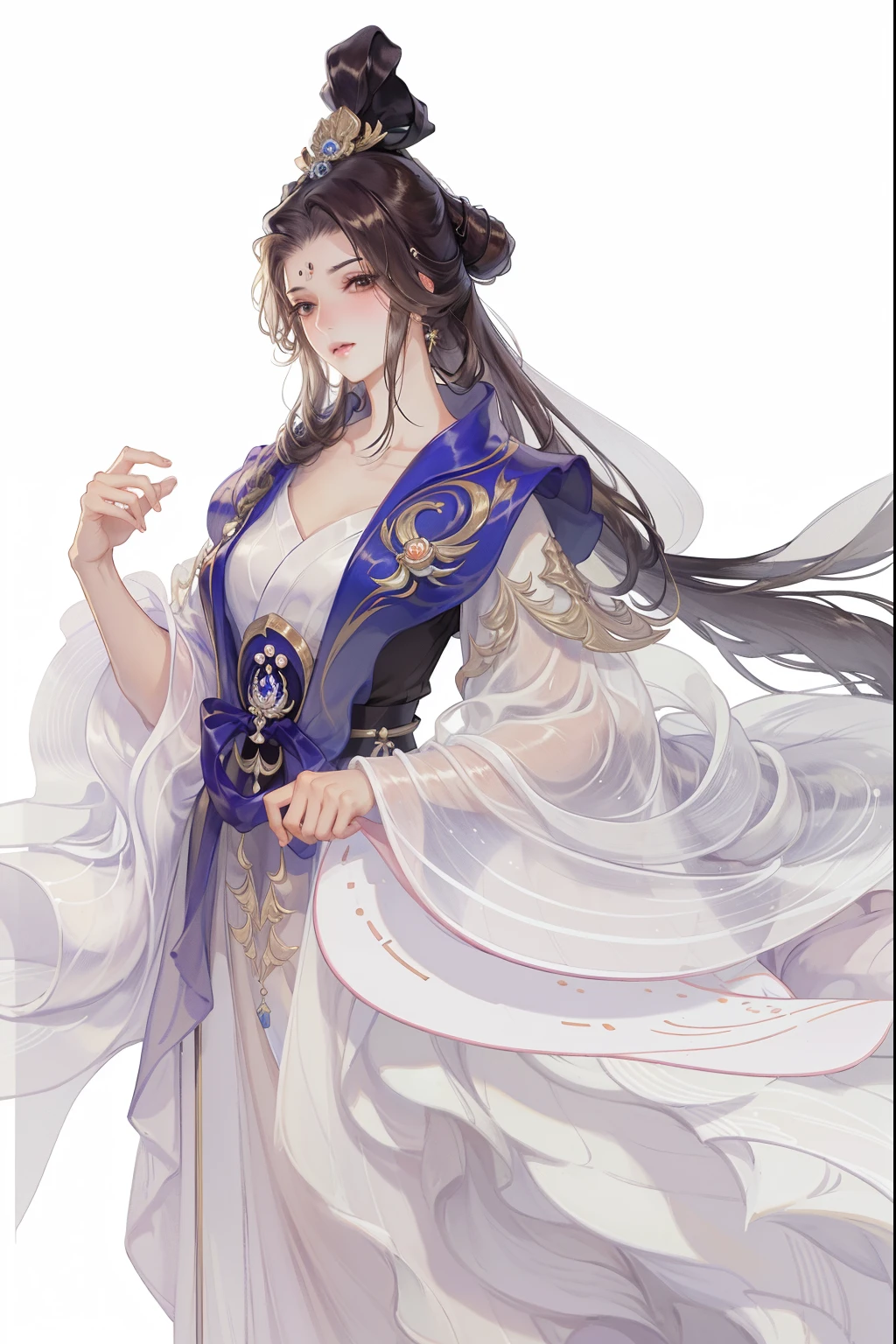 (((tmasterpiece, Best quality at best, 超高分辨率, CG unified 8K wallpaper, Best quality, ultra - detailed, ultra HD picture quality))), 1 girl, cabelos preto e longos, game fairy, The clothes ar, Kingly spirit, Hanfu, Furry cape, yarn, flowing gauze, jewely, Nice face, beautidful eyes, Beautiful hairstyle, Beautiful costumes, Structurally sound