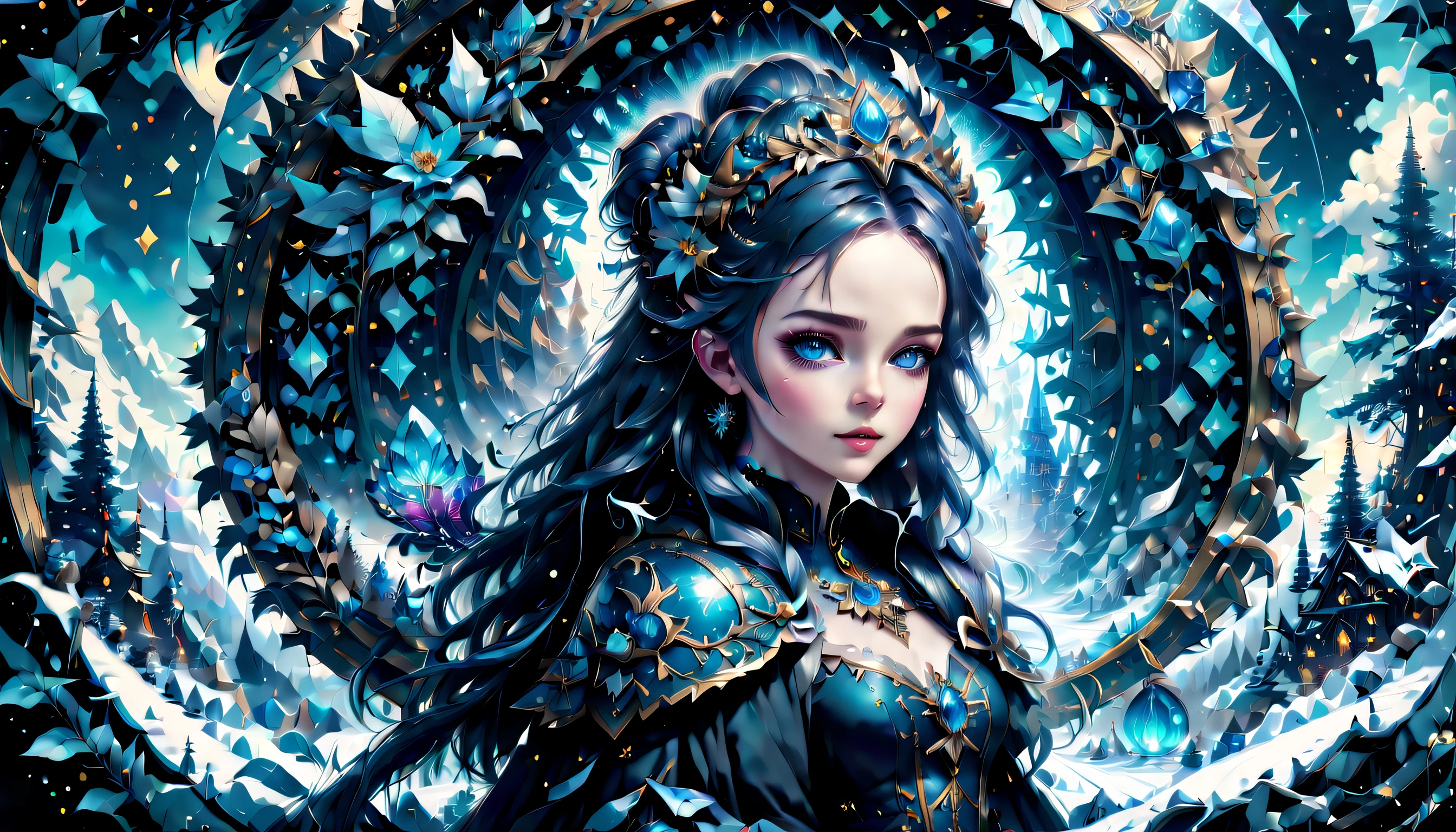 Epic Alice-Wonderland inspired illustration theme snowy winter cityscape, Enchanting beauty pure snowflake cute Alice and snowflake hair accessories, Rich luster and shine、Fluffy hair, big beatiful eyes, In the style of eternal fantasy, intricate detailes, hightquality, prestigious award. Mythical pop Alice embodies holographic rendering, The enchanting beauty of dark fantasy flowers, The juxtaposition of innocence and the background details of the supreme charm of mythology, Painted with amazing realism, Countless enchanting rich colors, every detail was carefully captured, highest level writing, Quality attracts,