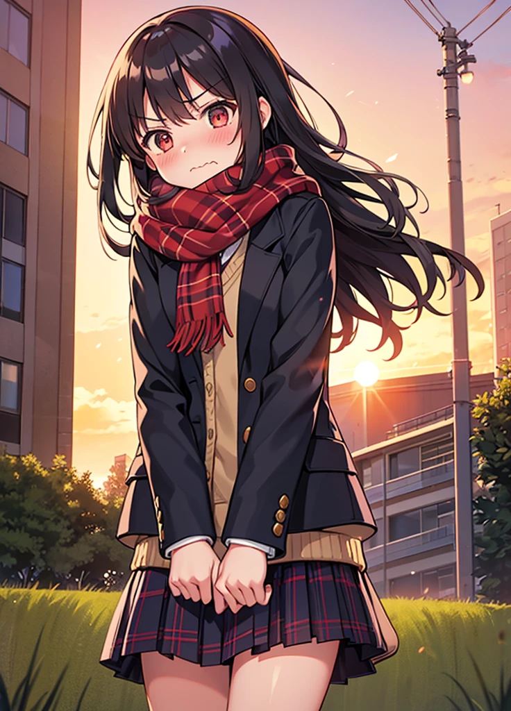 standing, hand between legs, 1girl, scarf, bag, plaid scarf, school bag, sunset, school uniform,mini skirt, red scarf, pleated skirt, jacket, blush, embarrassed, sunset, outdoors, evening, grass, dusk, twilight, from below, angry, wavy mouth
