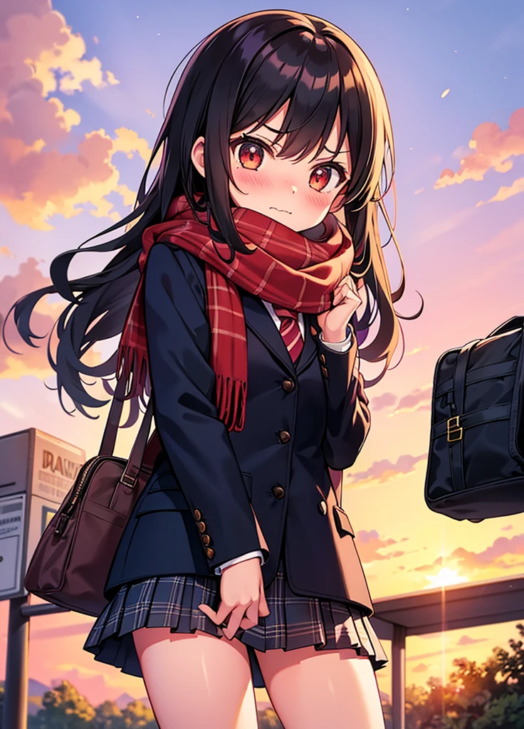 standing, hand between legs, 1girl, scarf, bag, plaid scarf, school bag, sunset, school uniform,mini skirt, red scarf, pleated skirt, jacket, blush, embarrassed, sunset, outdoors, evening, grass, dusk, twilight, from below, angry, wavy mouth